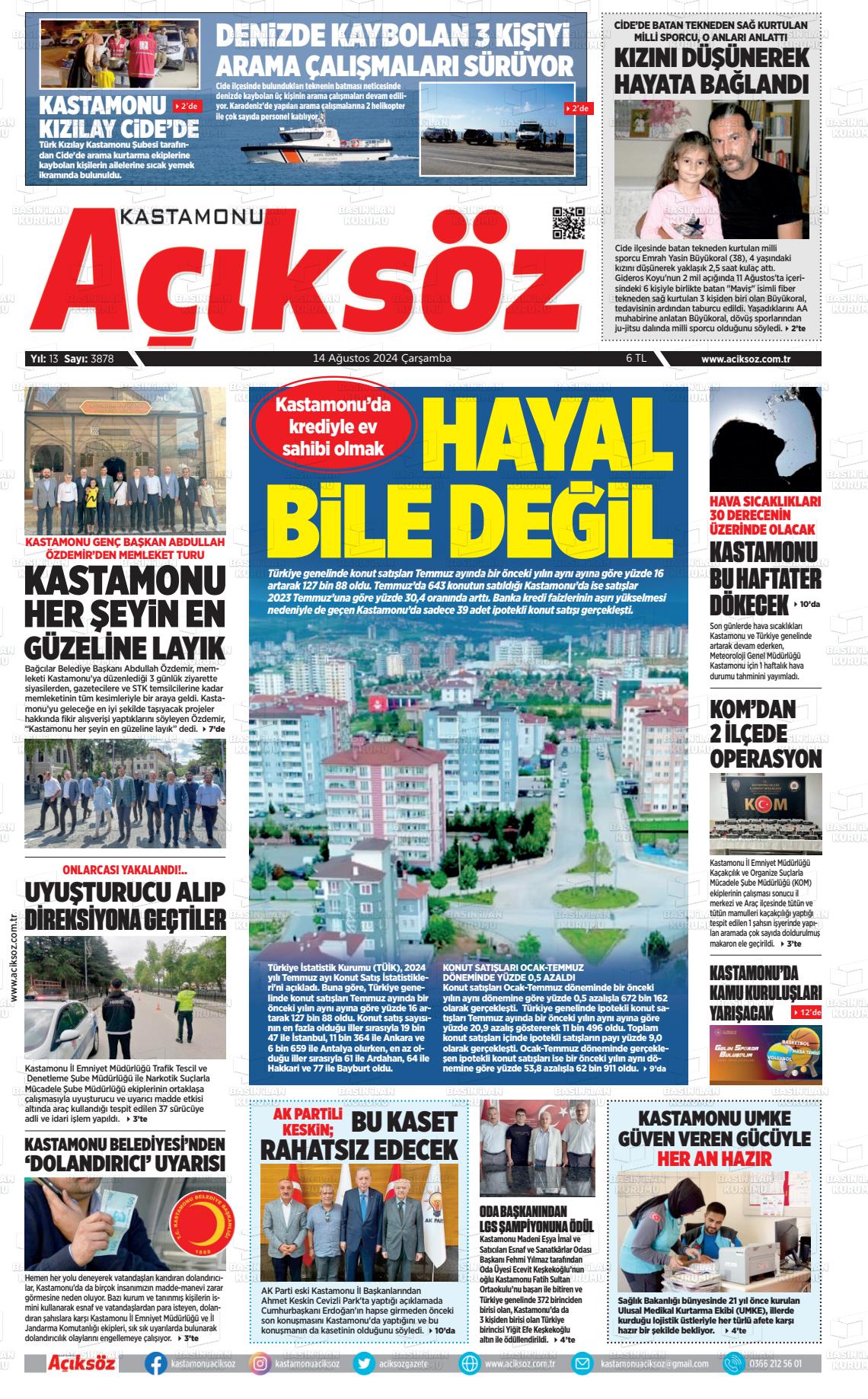 14 Ağustos 2024 KASTAMONU AÇIKSÖZ GAZETESİ Gazete Manşeti