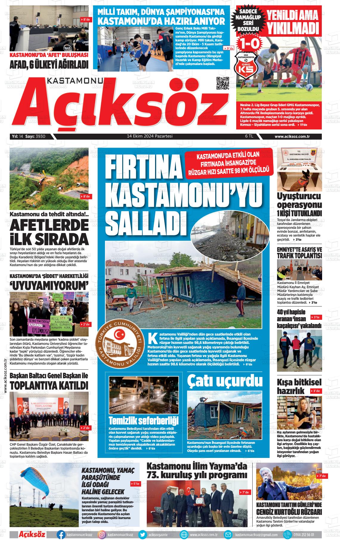 14 Ekim 2024 KASTAMONU AÇIKSÖZ GAZETESİ Gazete Manşeti