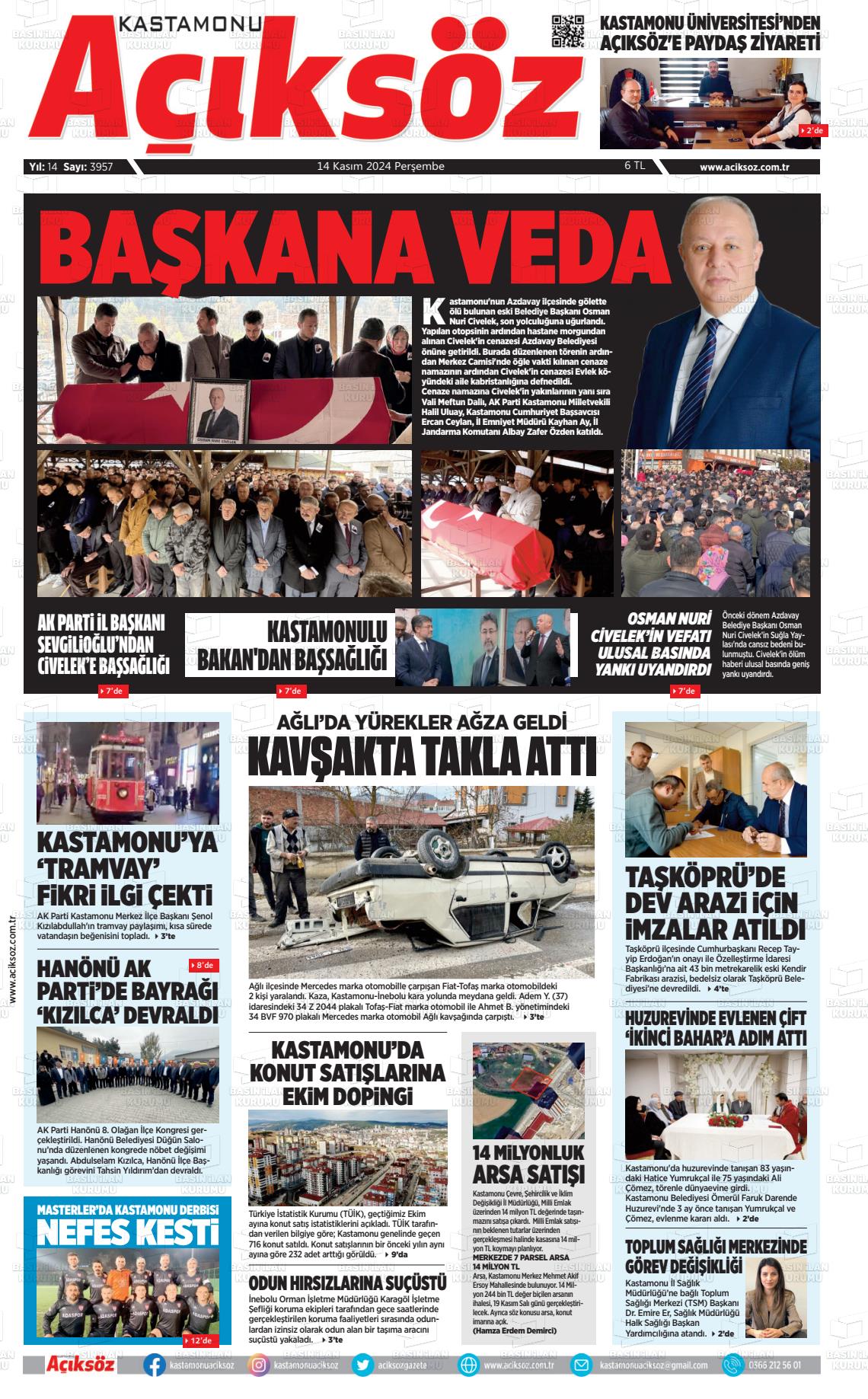 14 Kasım 2024 KASTAMONU AÇIKSÖZ GAZETESİ Gazete Manşeti