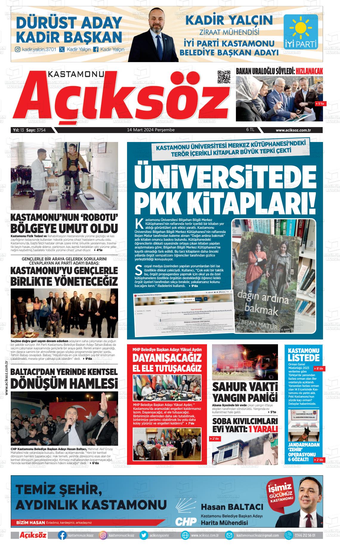 14 Mart 2024 KASTAMONU AÇIKSÖZ GAZETESİ Gazete Manşeti