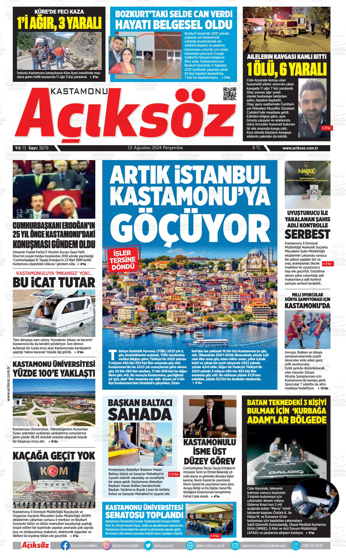 15 Ağustos 2024 KASTAMONU AÇIKSÖZ GAZETESİ Gazete Manşeti