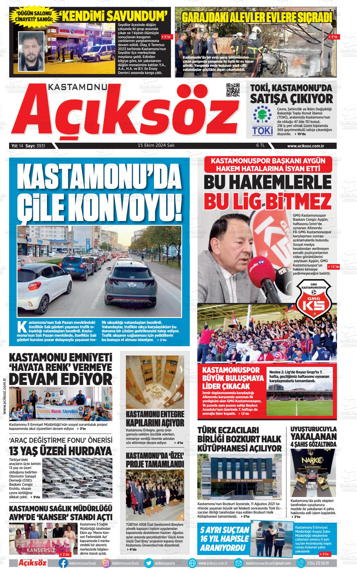 15 Ekim 2024 KASTAMONU AÇIKSÖZ GAZETESİ Gazete Manşeti