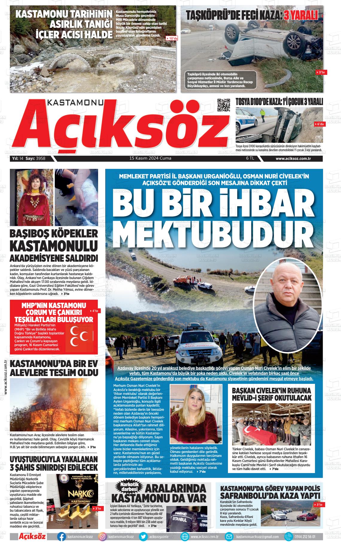 15 Kasım 2024 KASTAMONU AÇIKSÖZ GAZETESİ Gazete Manşeti