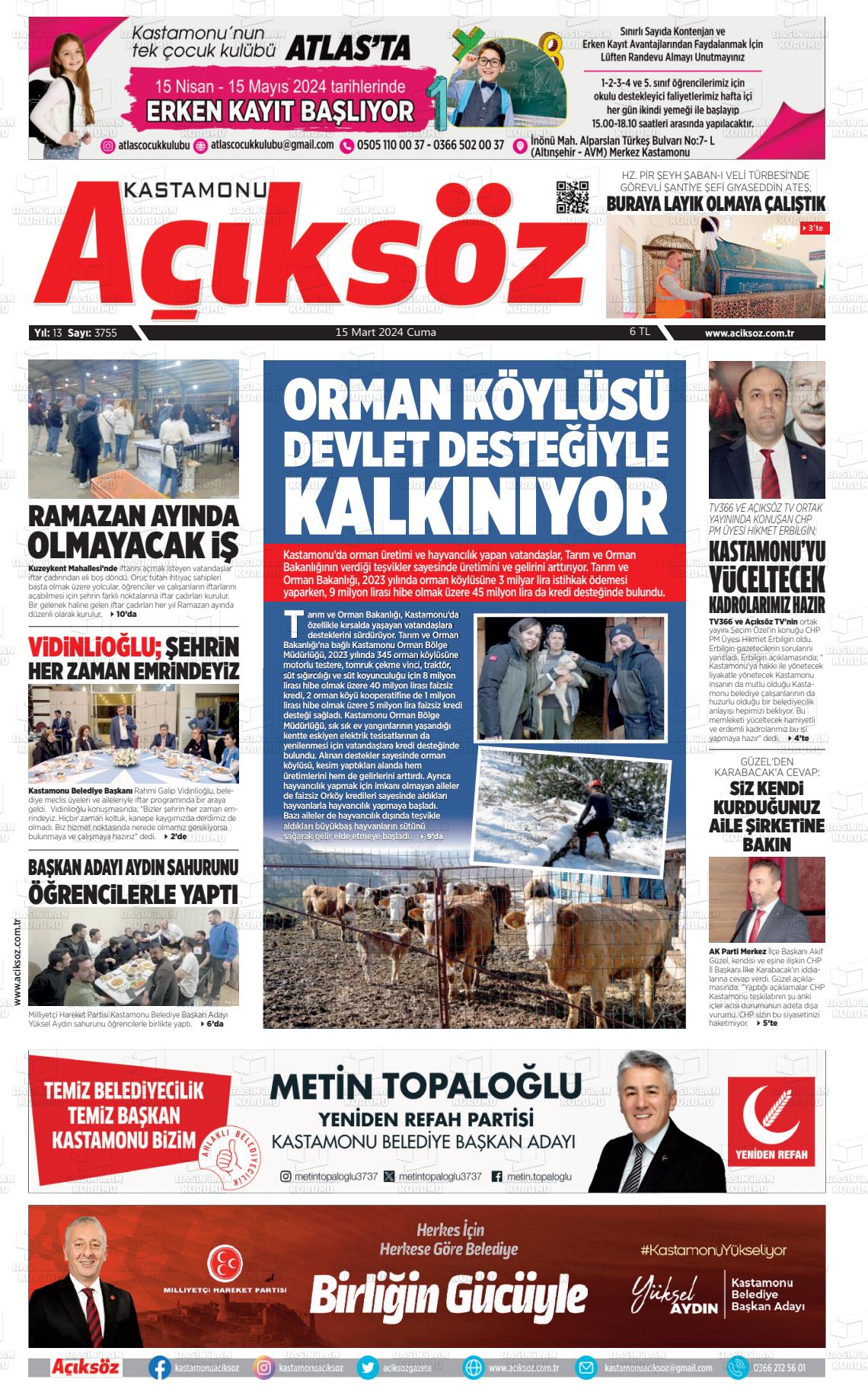 15 Mart 2024 KASTAMONU AÇIKSÖZ GAZETESİ Gazete Manşeti