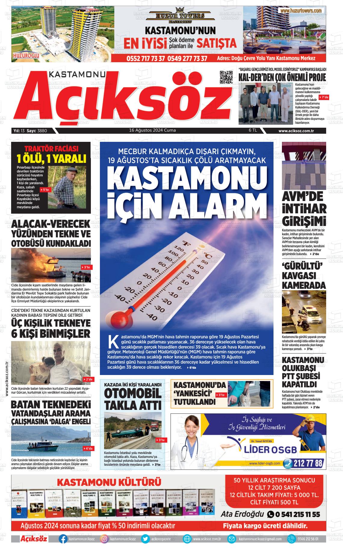 16 Ağustos 2024 KASTAMONU AÇIKSÖZ GAZETESİ Gazete Manşeti