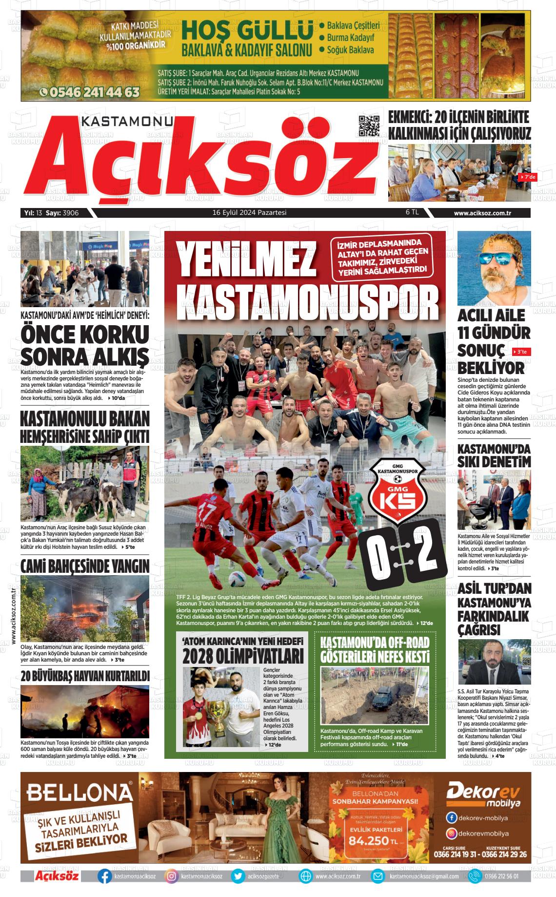 16 Eylül 2024 KASTAMONU AÇIKSÖZ GAZETESİ Gazete Manşeti