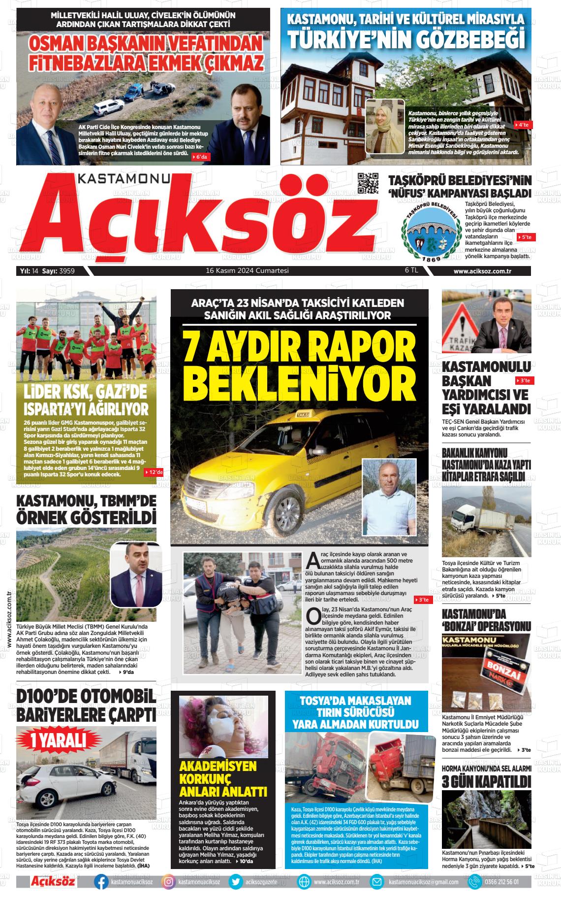 16 Kasım 2024 KASTAMONU AÇIKSÖZ GAZETESİ Gazete Manşeti