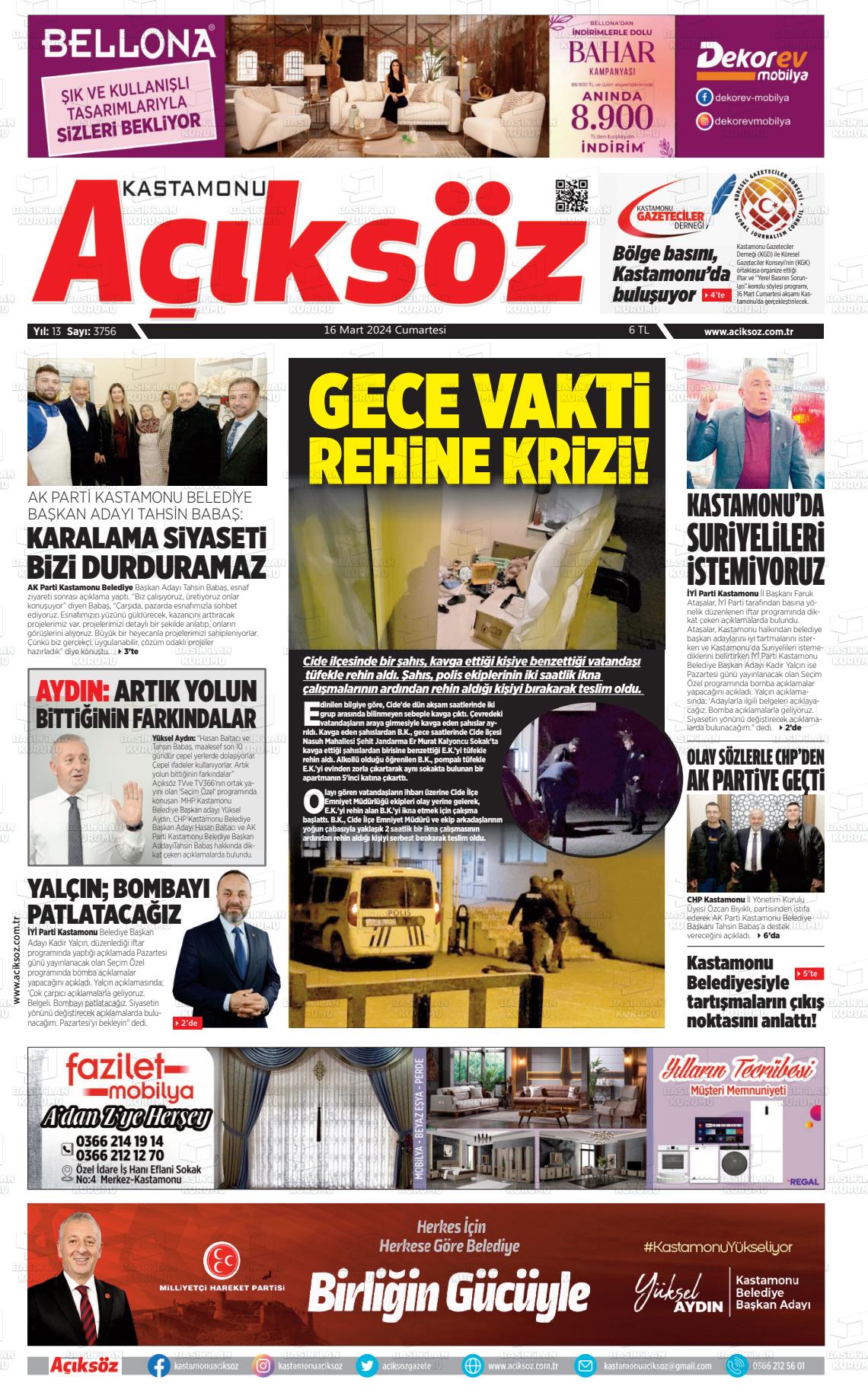 16 Mart 2024 KASTAMONU AÇIKSÖZ GAZETESİ Gazete Manşeti