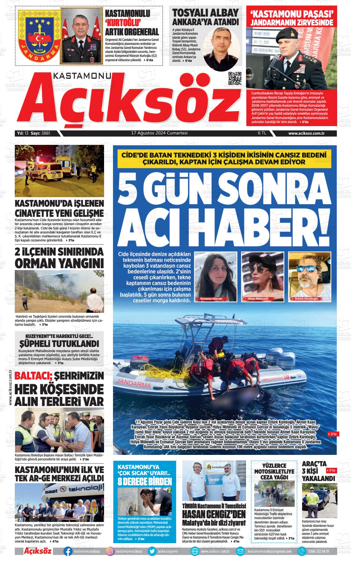 17 Ağustos 2024 KASTAMONU AÇIKSÖZ GAZETESİ Gazete Manşeti