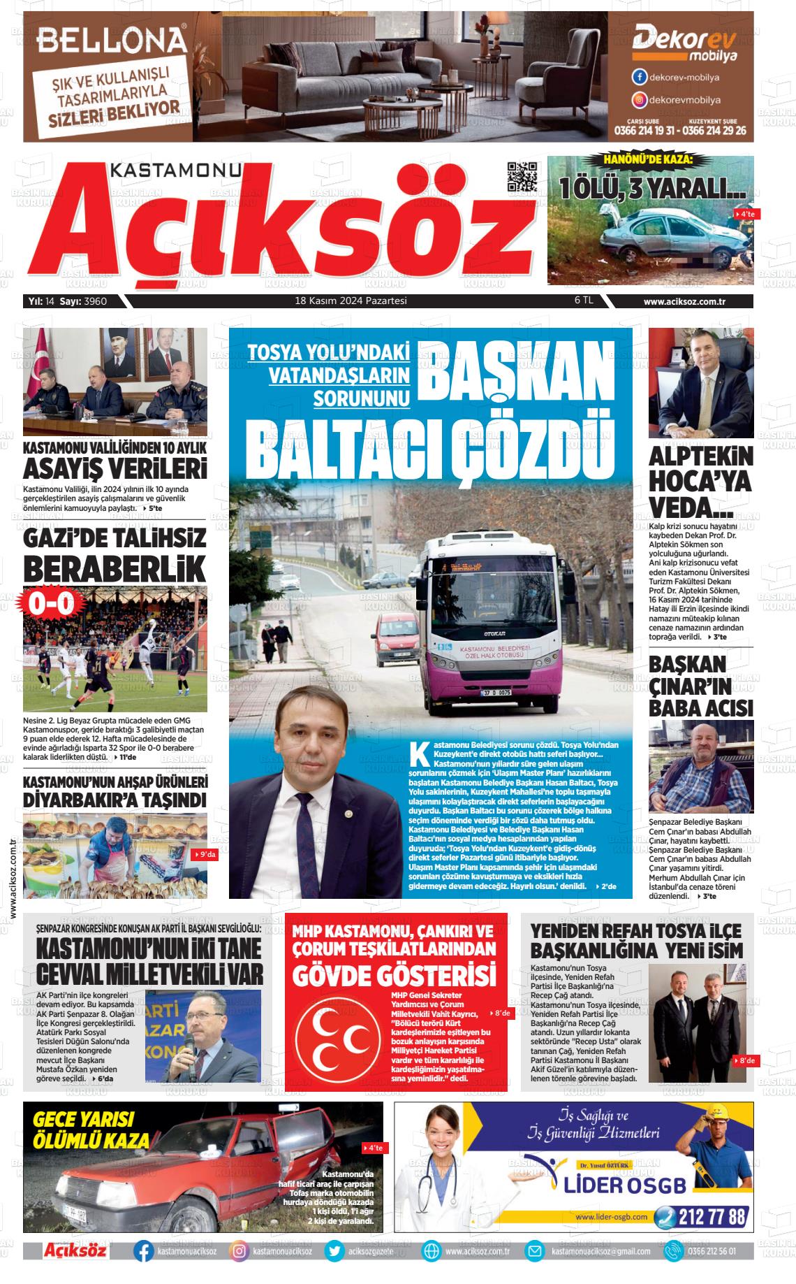 18 Kasım 2024 KASTAMONU AÇIKSÖZ GAZETESİ Gazete Manşeti