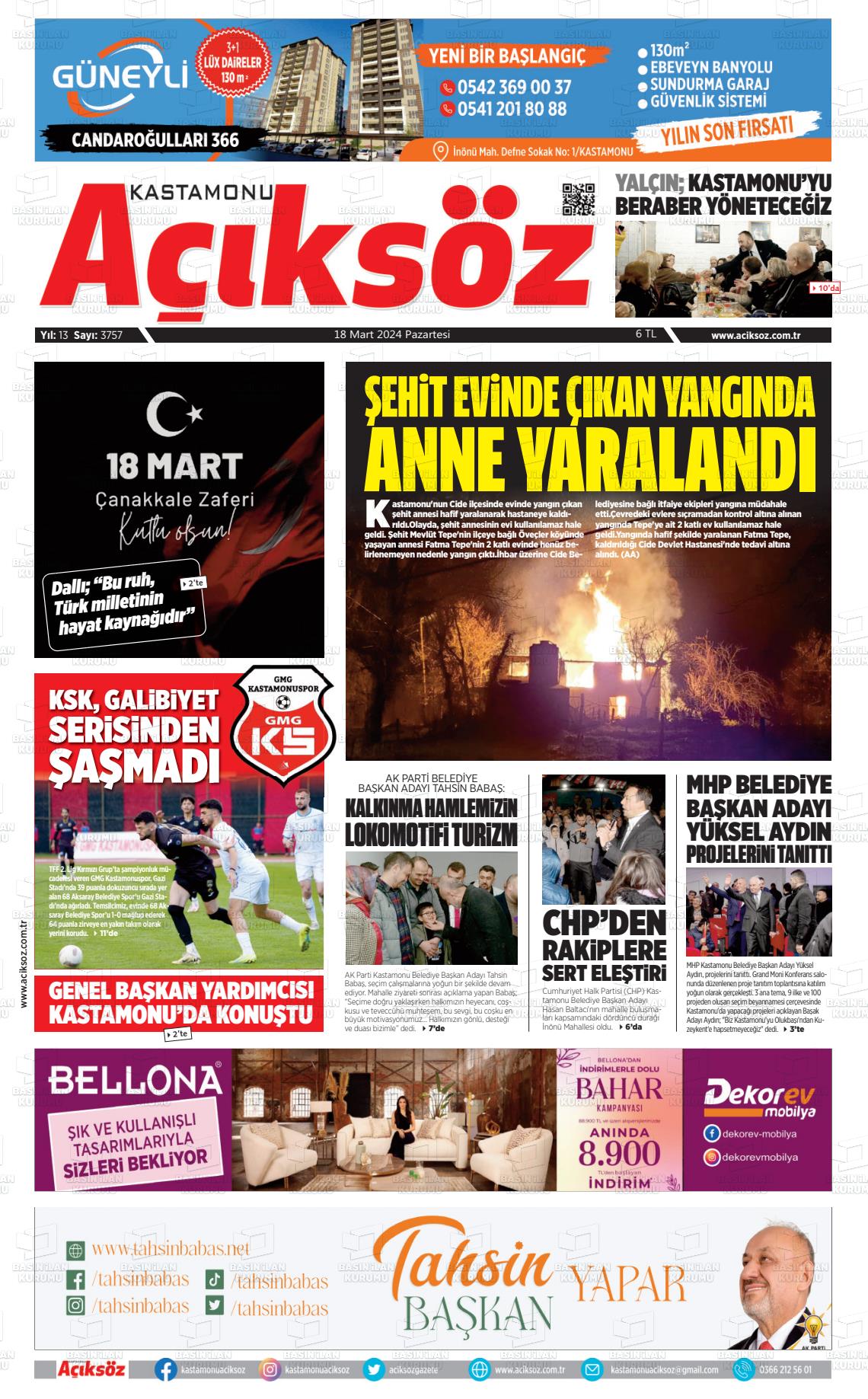 18 Mart 2024 KASTAMONU AÇIKSÖZ GAZETESİ Gazete Manşeti