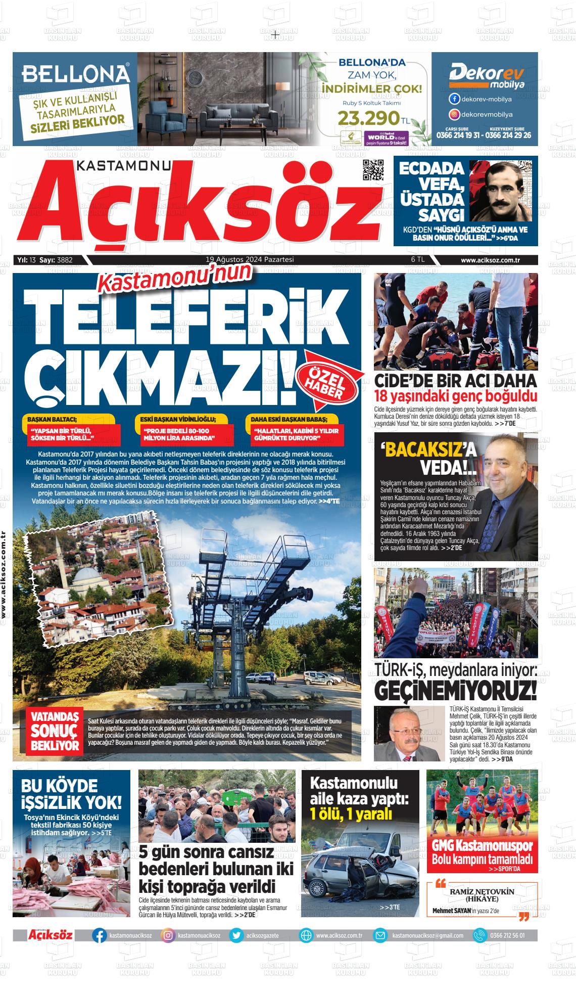 19 Ağustos 2024 KASTAMONU AÇIKSÖZ GAZETESİ Gazete Manşeti