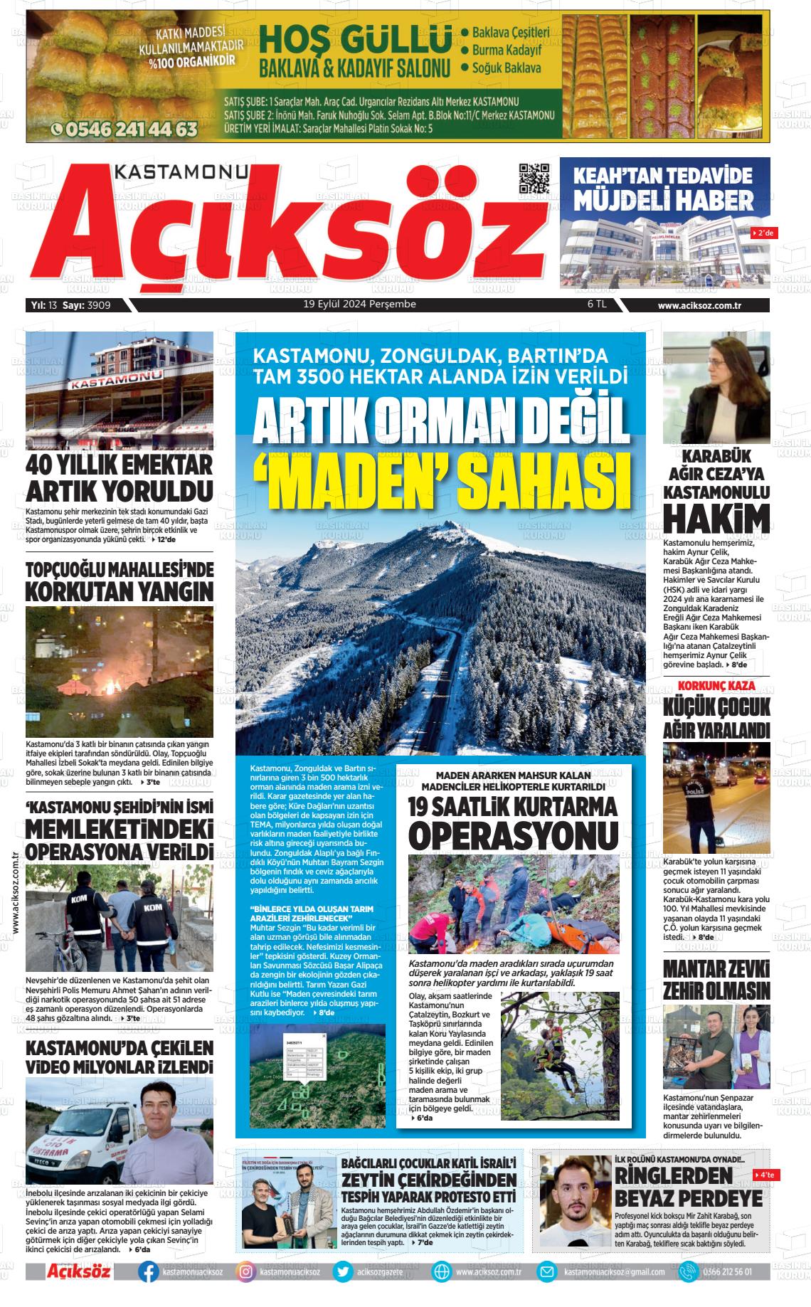 19 Eylül 2024 KASTAMONU AÇIKSÖZ GAZETESİ Gazete Manşeti