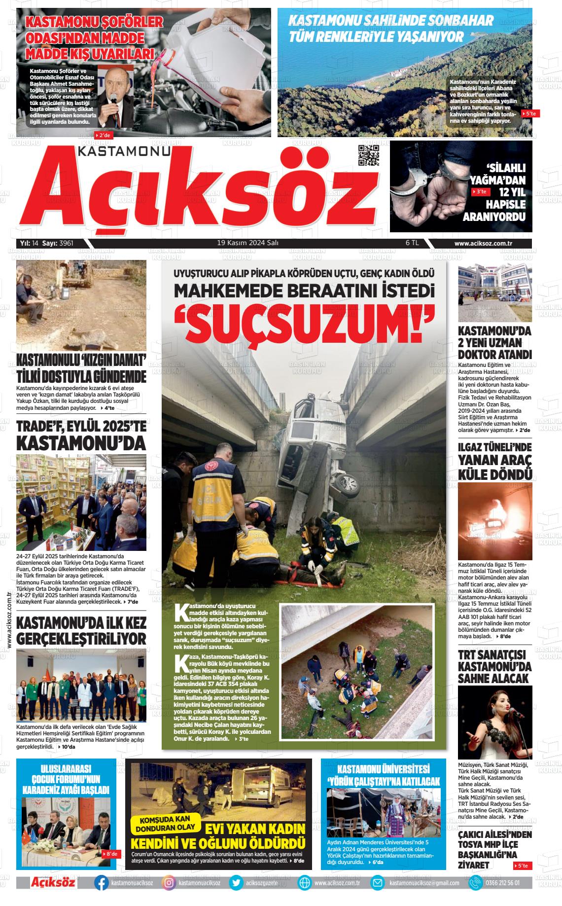 19 Kasım 2024 KASTAMONU AÇIKSÖZ GAZETESİ Gazete Manşeti