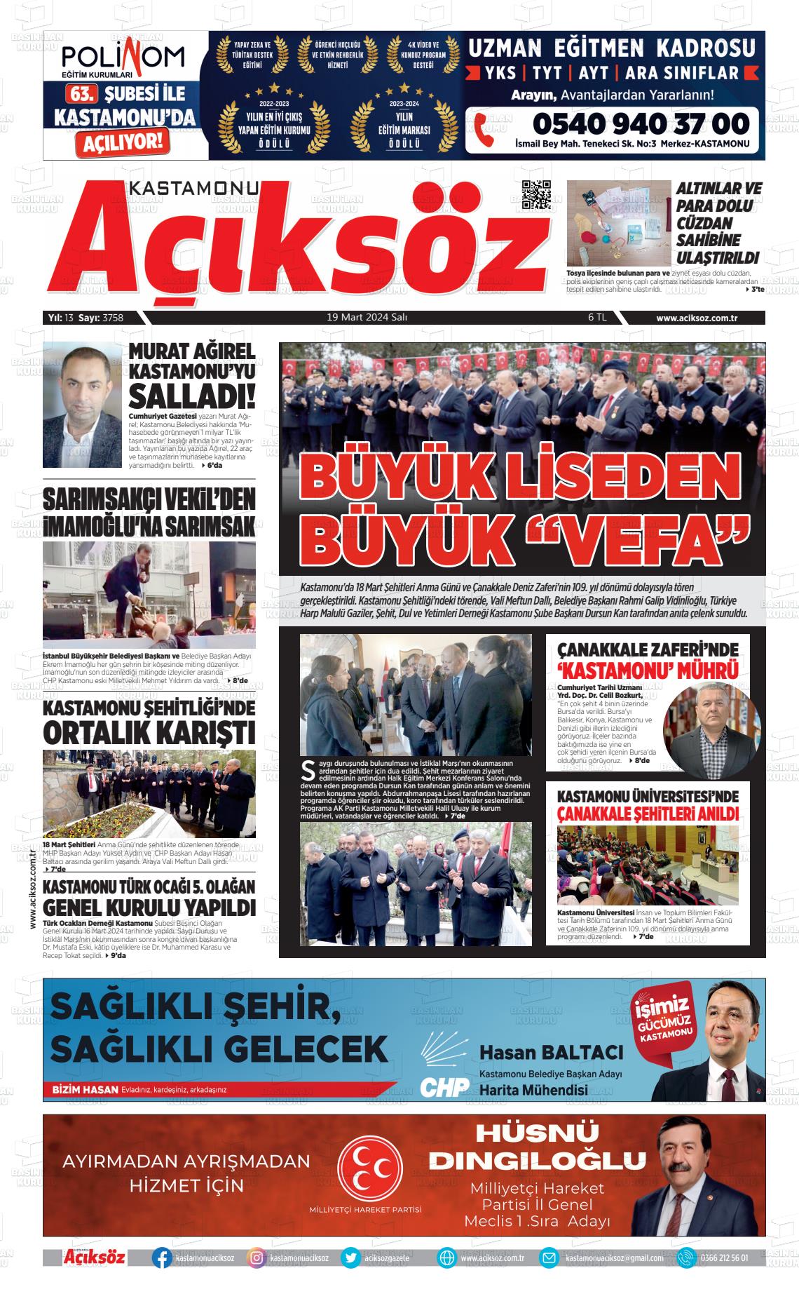 19 Mart 2024 KASTAMONU AÇIKSÖZ GAZETESİ Gazete Manşeti