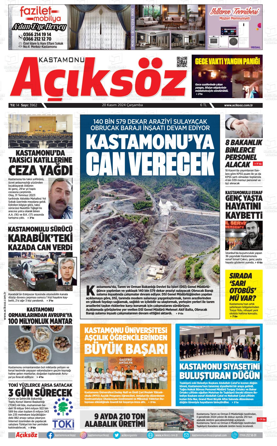 20 Kasım 2024 KASTAMONU AÇIKSÖZ GAZETESİ Gazete Manşeti