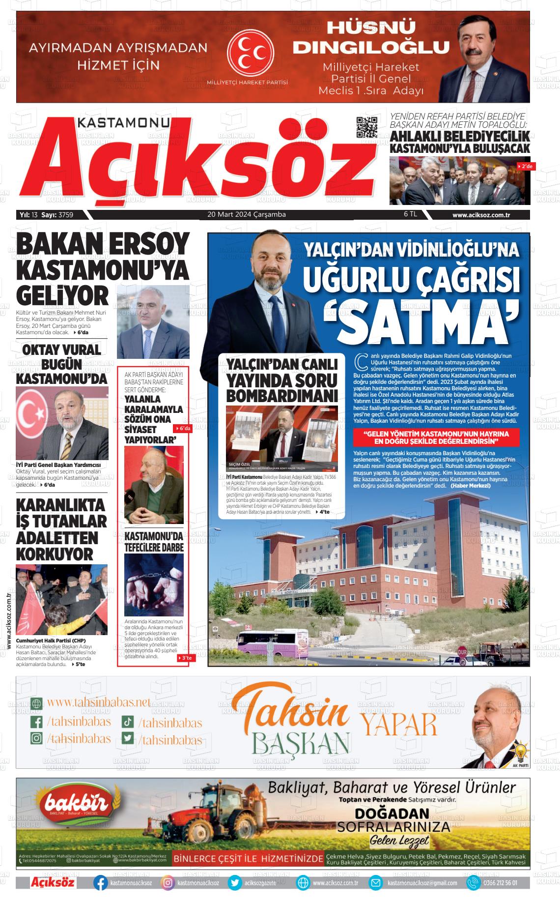 20 Mart 2024 KASTAMONU AÇIKSÖZ GAZETESİ Gazete Manşeti