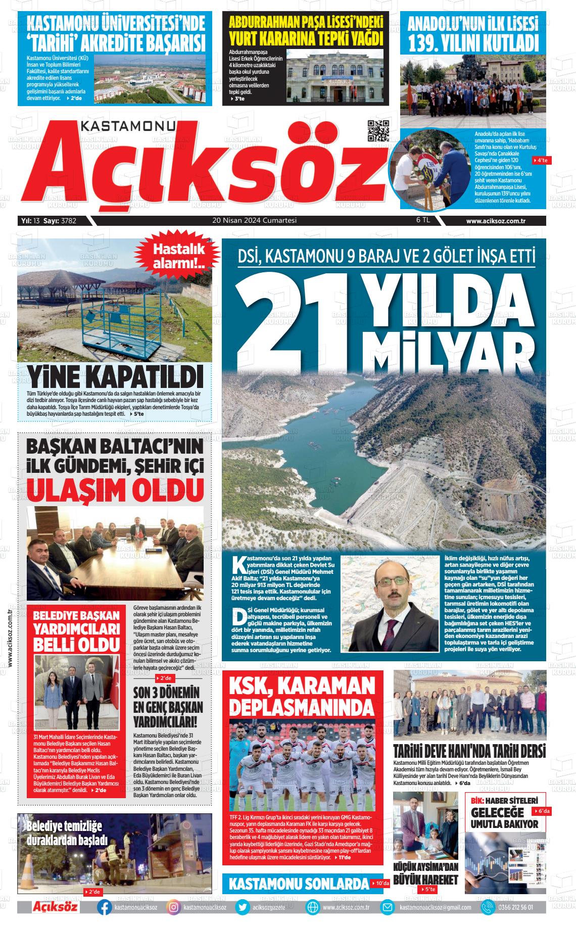 20 Nisan 2024 KASTAMONU AÇIKSÖZ GAZETESİ Gazete Manşeti