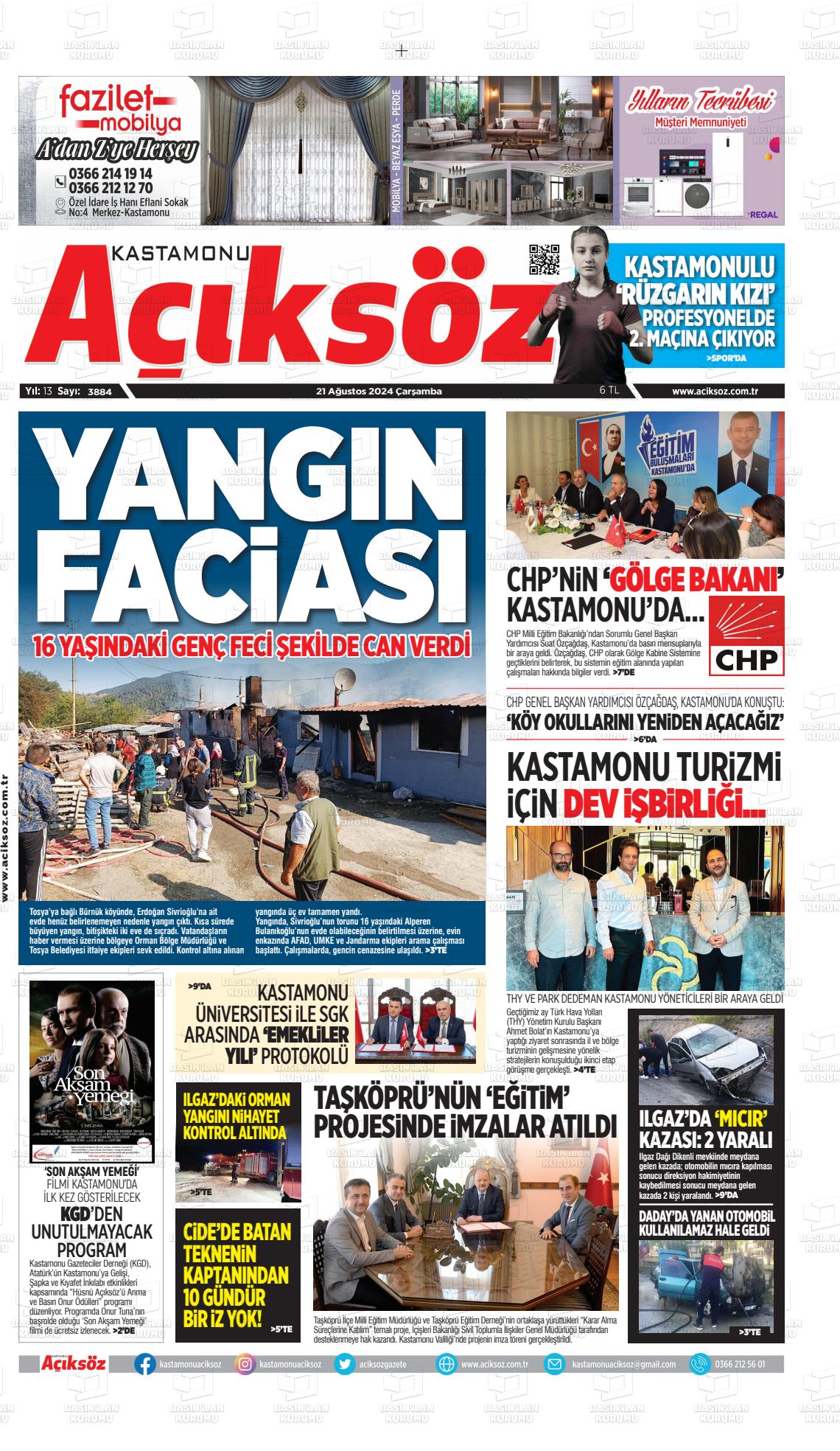 21 Ağustos 2024 KASTAMONU AÇIKSÖZ GAZETESİ Gazete Manşeti