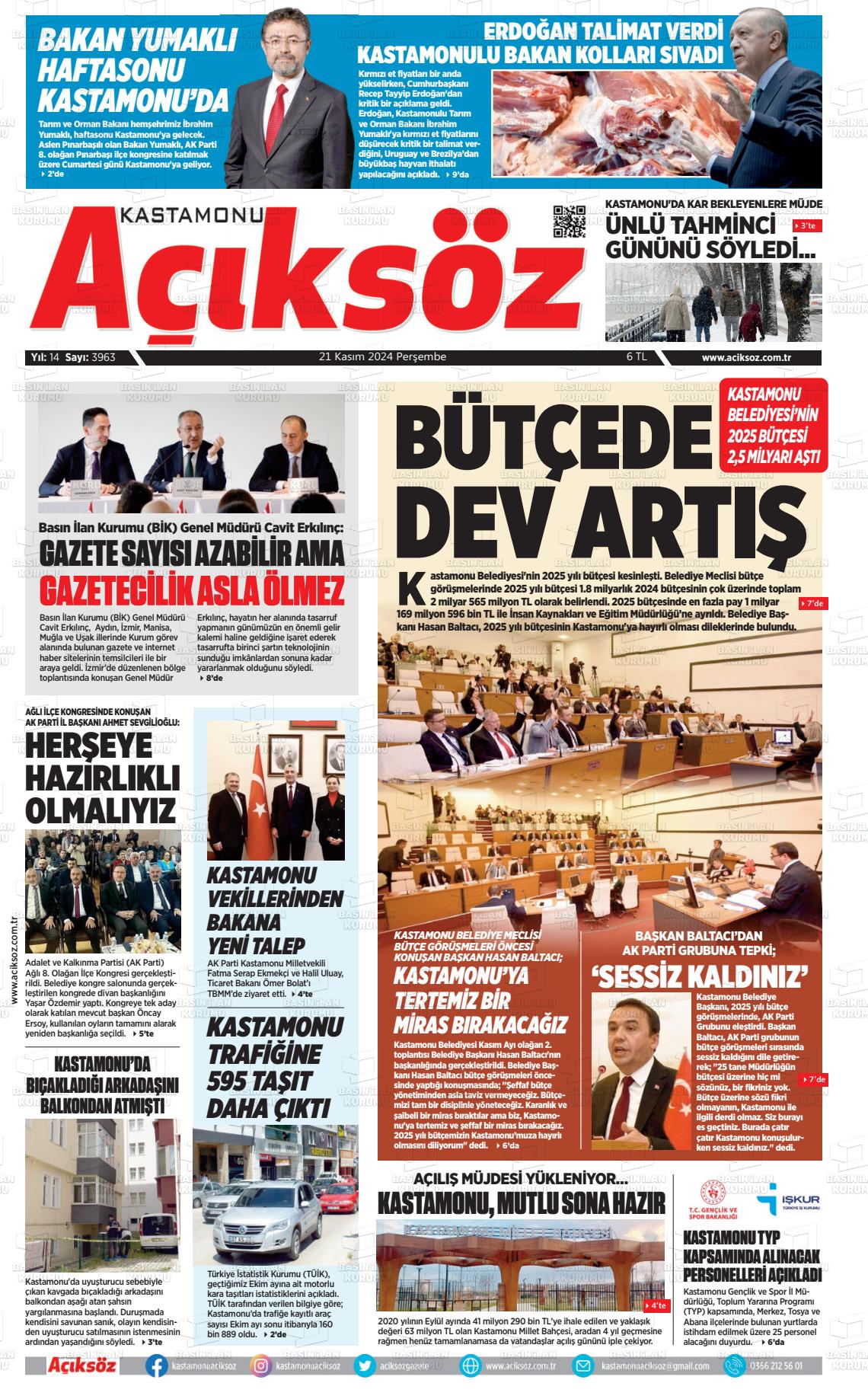 21 Kasım 2024 KASTAMONU AÇIKSÖZ GAZETESİ Gazete Manşeti