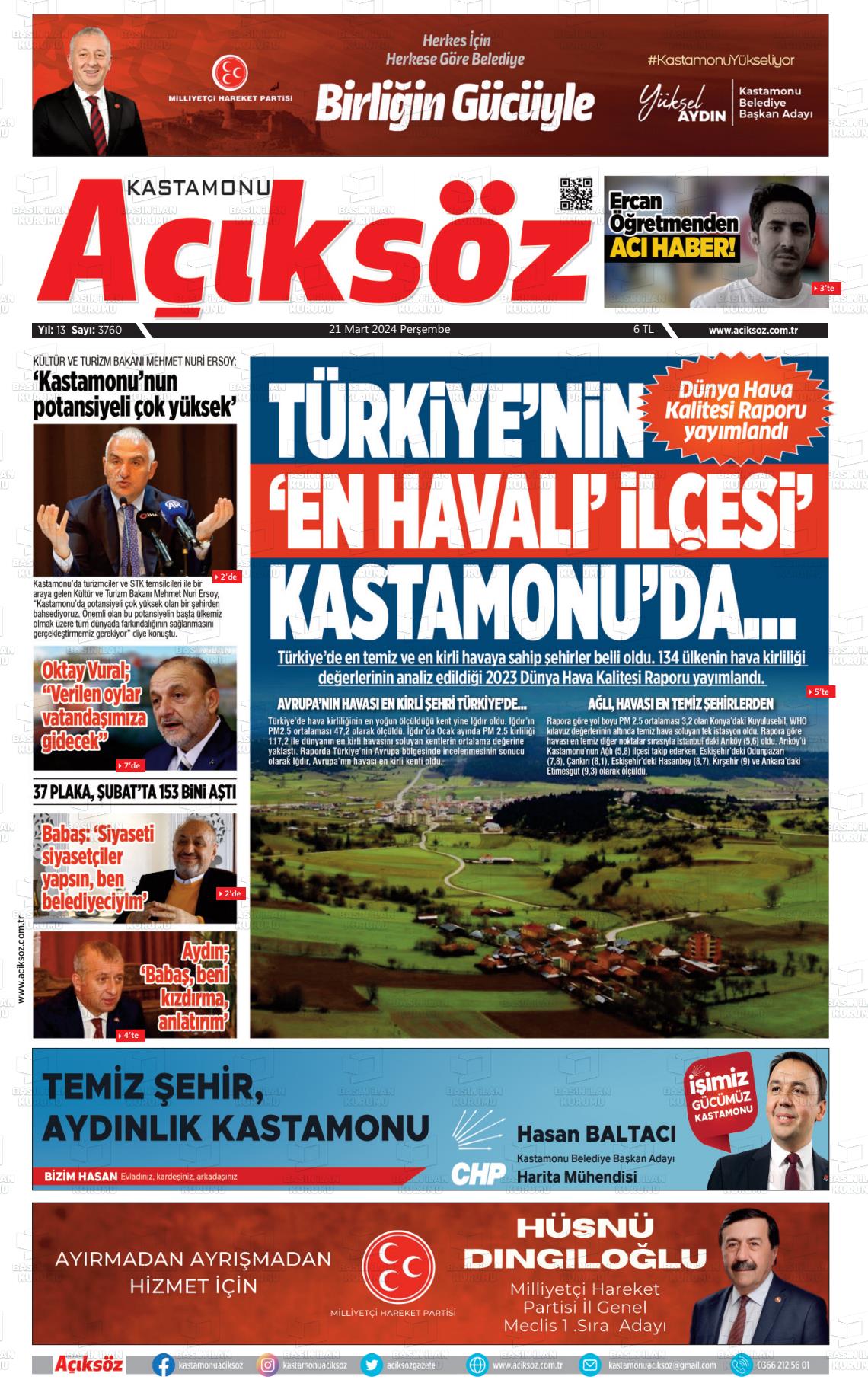 21 Mart 2024 KASTAMONU AÇIKSÖZ GAZETESİ Gazete Manşeti