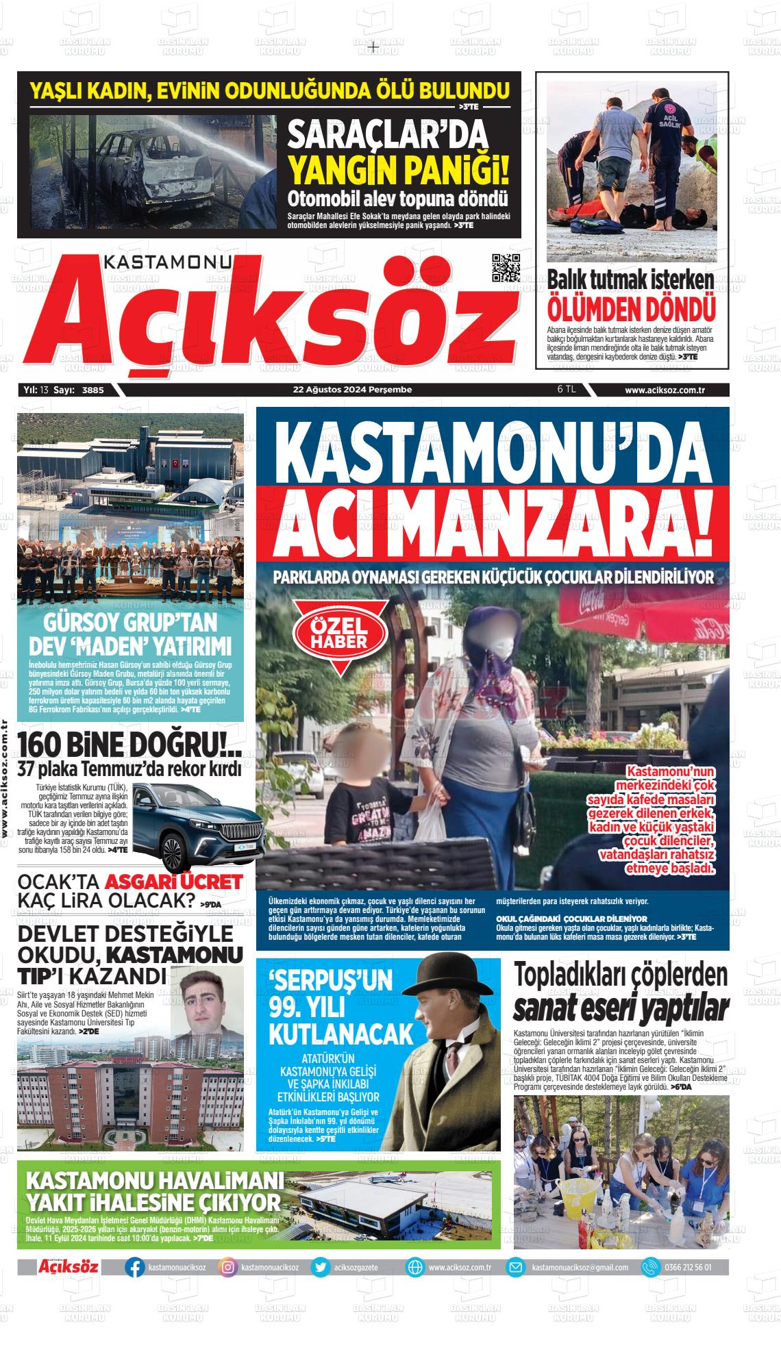 22 Ağustos 2024 KASTAMONU AÇIKSÖZ GAZETESİ Gazete Manşeti