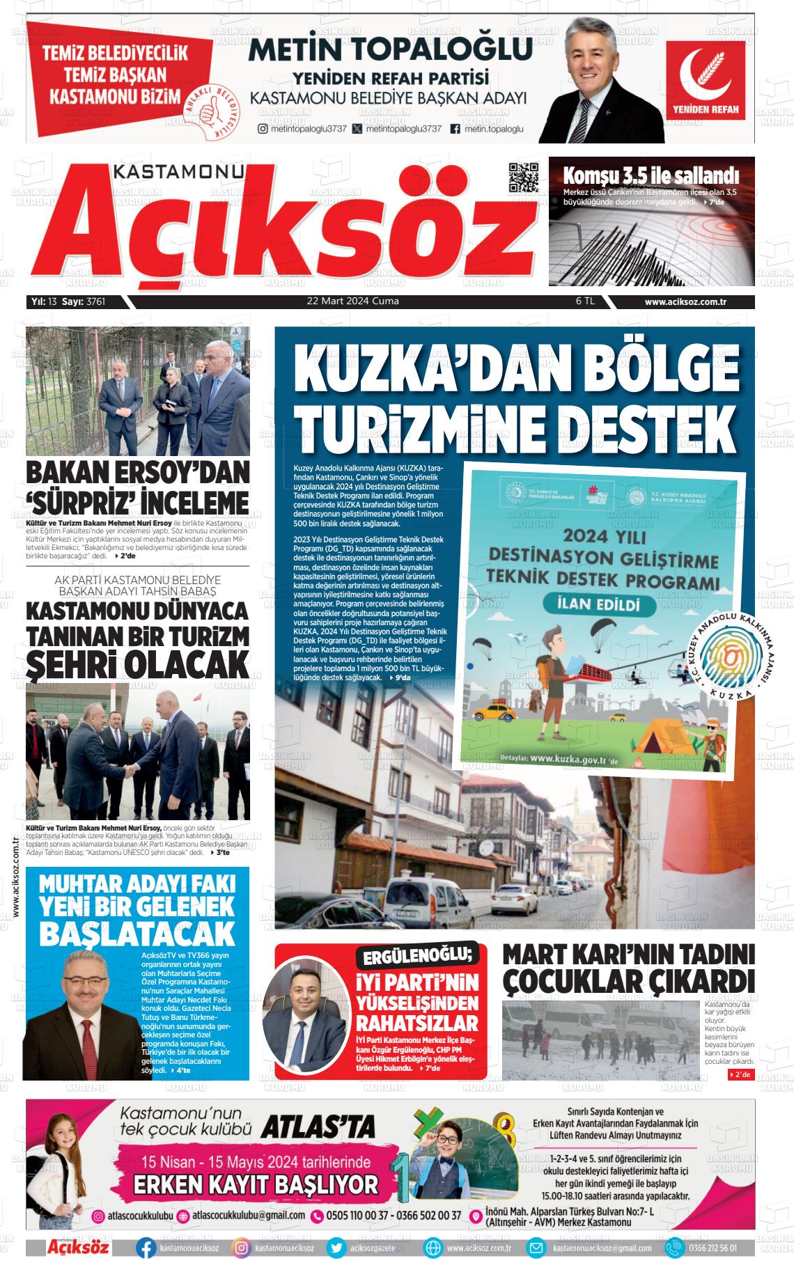 22 Mart 2024 KASTAMONU AÇIKSÖZ GAZETESİ Gazete Manşeti