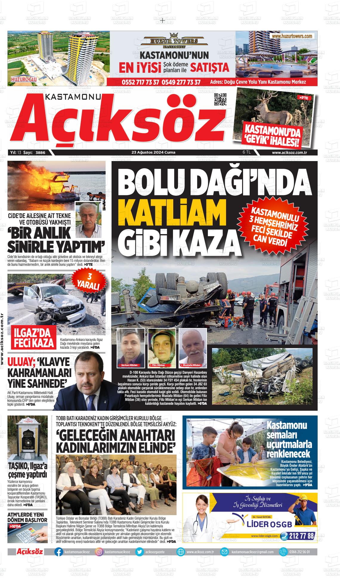 23 Ağustos 2024 KASTAMONU AÇIKSÖZ GAZETESİ Gazete Manşeti