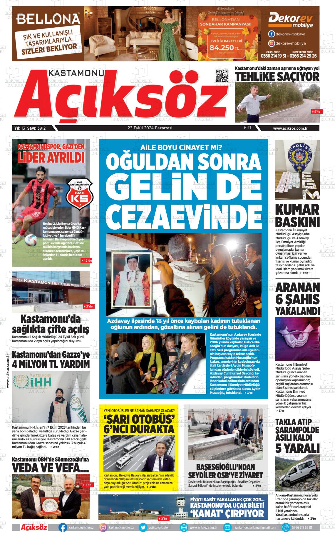 23 Eylül 2024 KASTAMONU AÇIKSÖZ GAZETESİ Gazete Manşeti