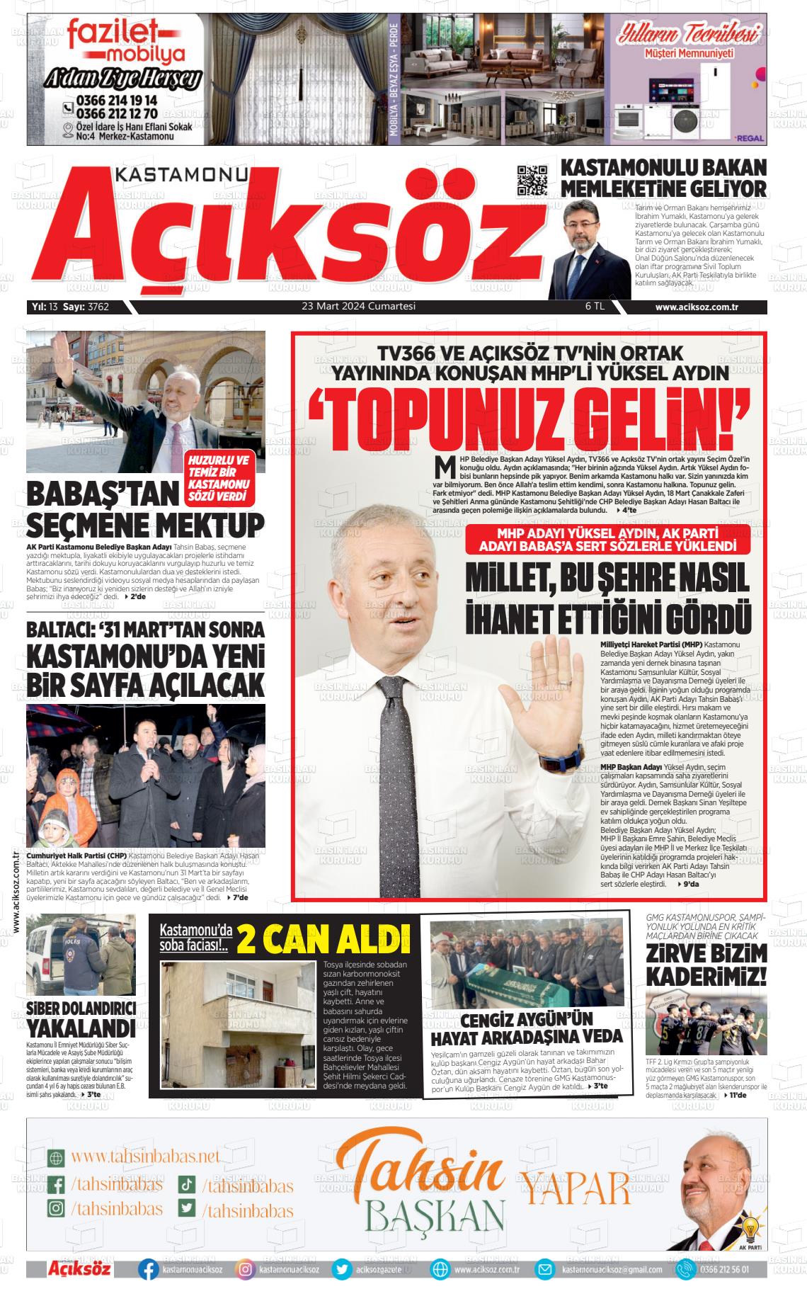 23 Mart 2024 KASTAMONU AÇIKSÖZ GAZETESİ Gazete Manşeti