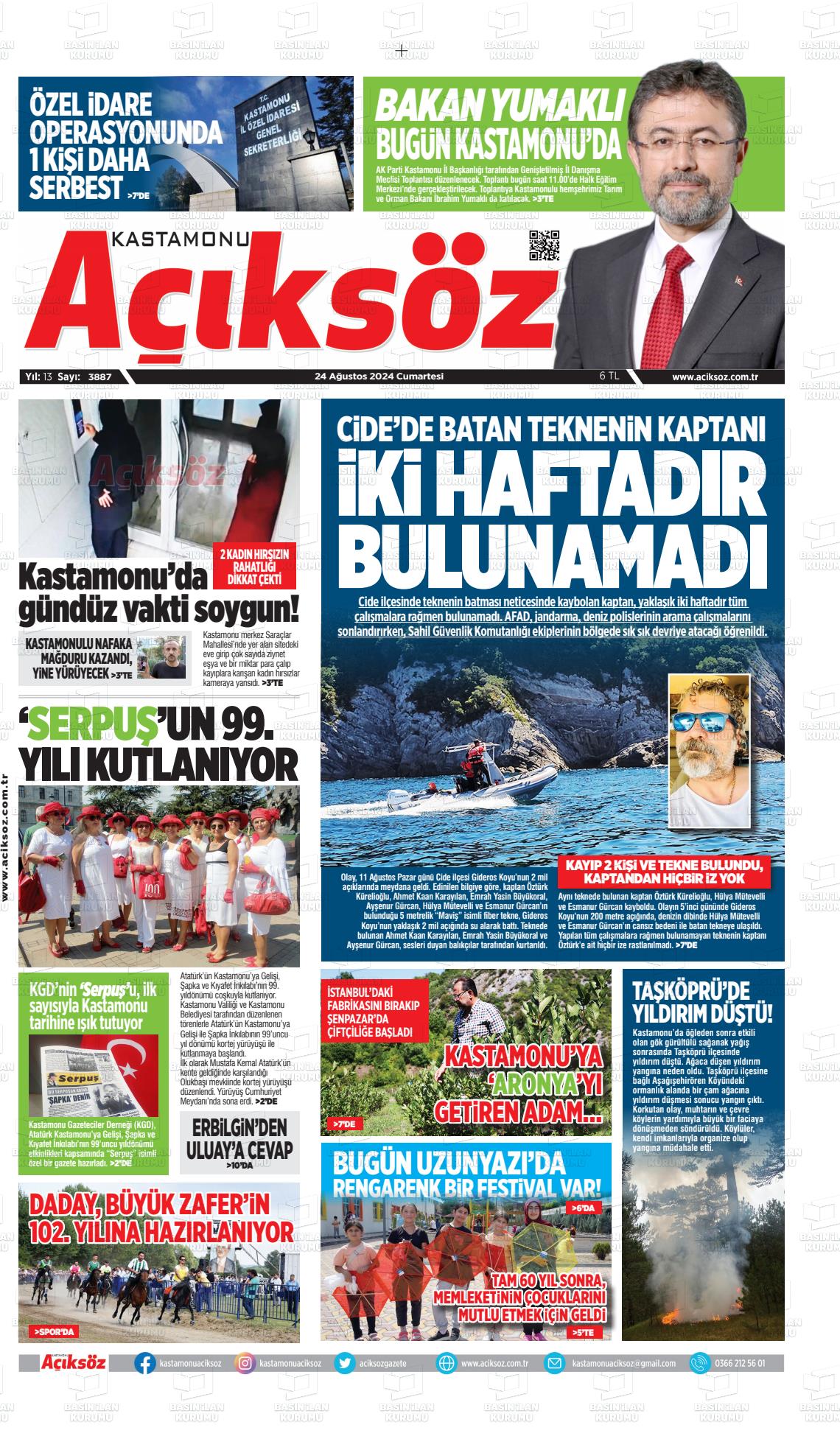 24 Ağustos 2024 KASTAMONU AÇIKSÖZ GAZETESİ Gazete Manşeti