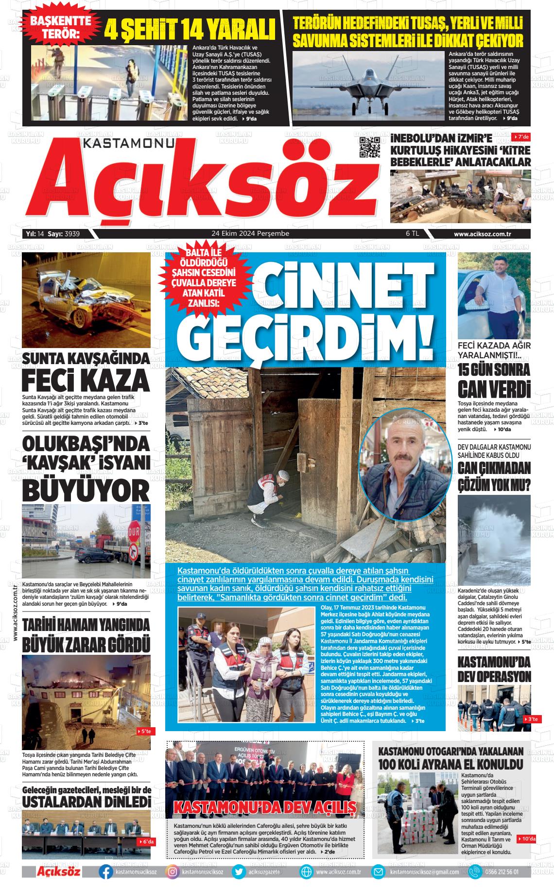 24 Ekim 2024 KASTAMONU AÇIKSÖZ GAZETESİ Gazete Manşeti