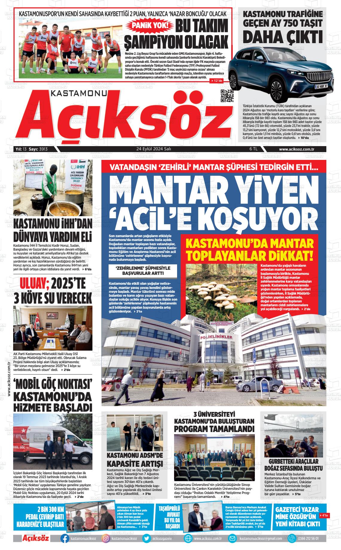 25 Eylül 2024 KASTAMONU AÇIKSÖZ GAZETESİ Gazete Manşeti