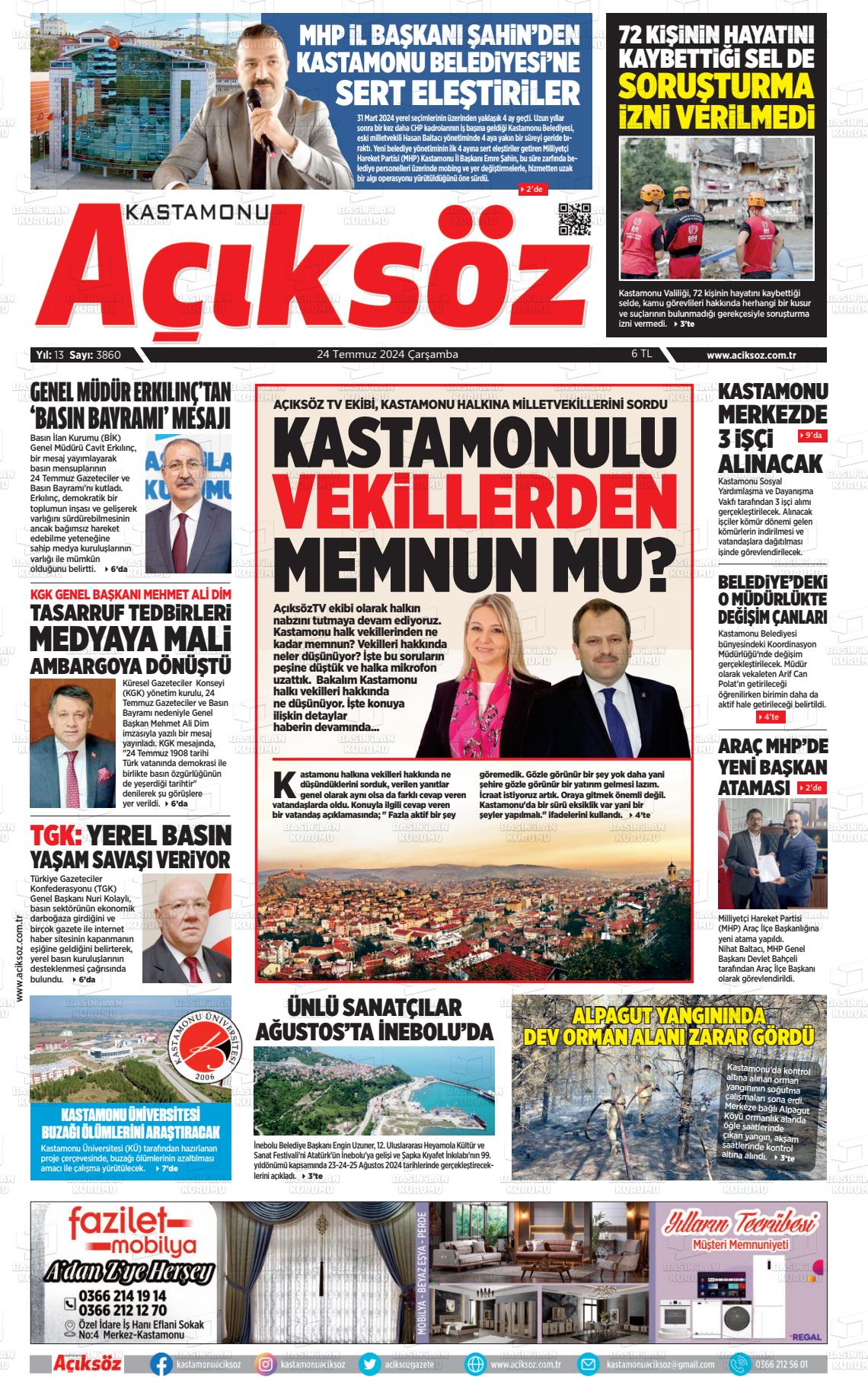 24 Temmuz 2024 KASTAMONU AÇIKSÖZ GAZETESİ Gazete Manşeti