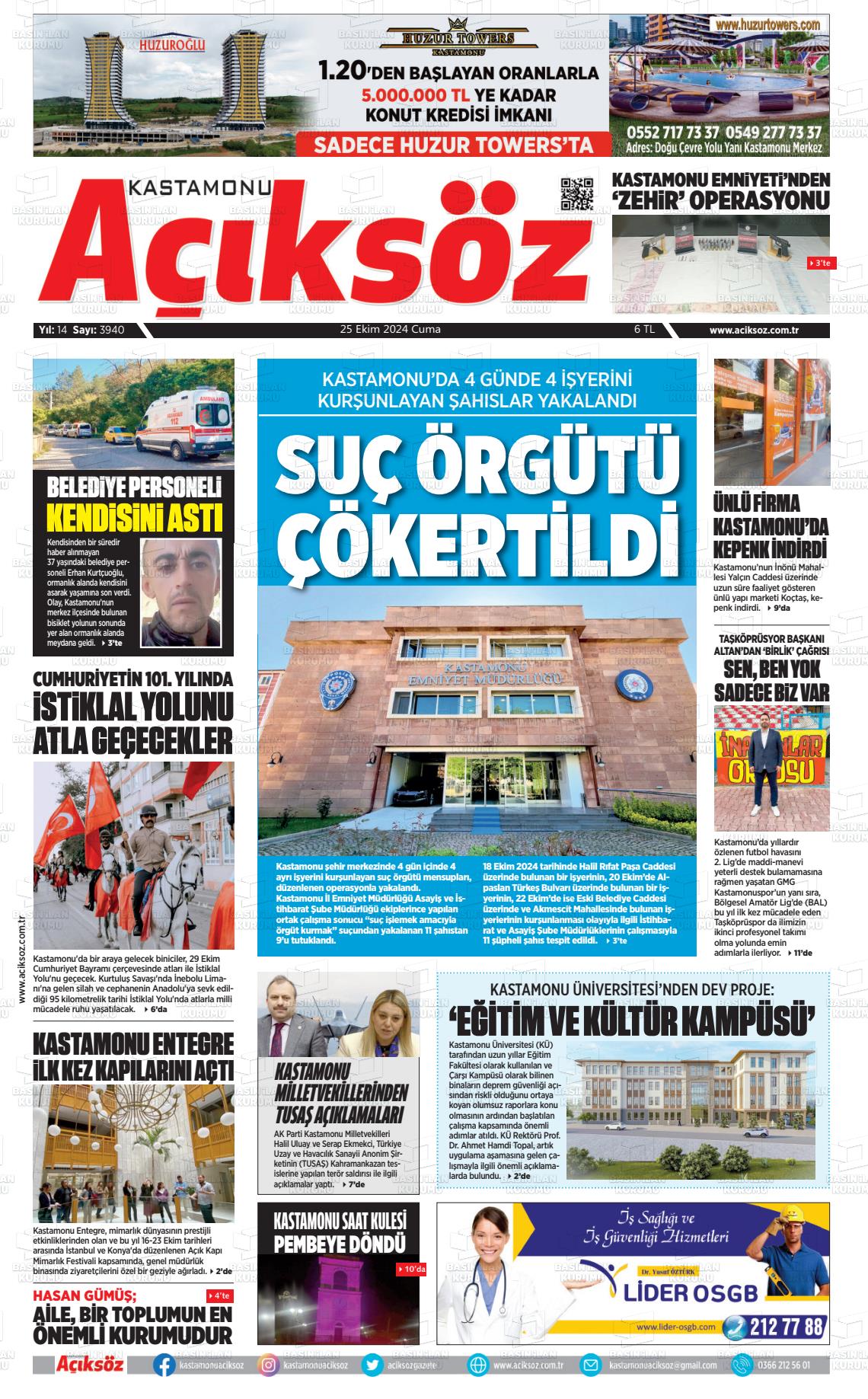 25 Ekim 2024 KASTAMONU AÇIKSÖZ GAZETESİ Gazete Manşeti