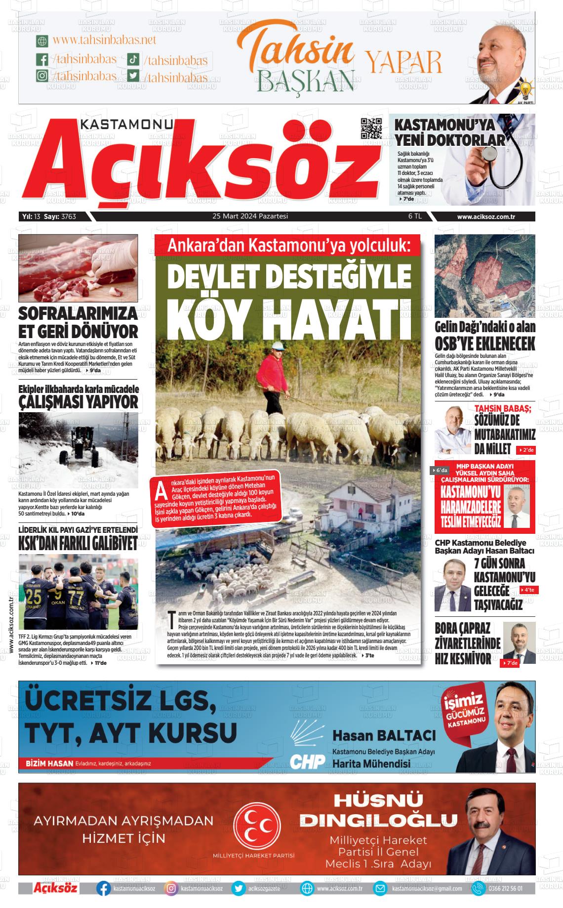 25 Mart 2024 KASTAMONU AÇIKSÖZ GAZETESİ Gazete Manşeti