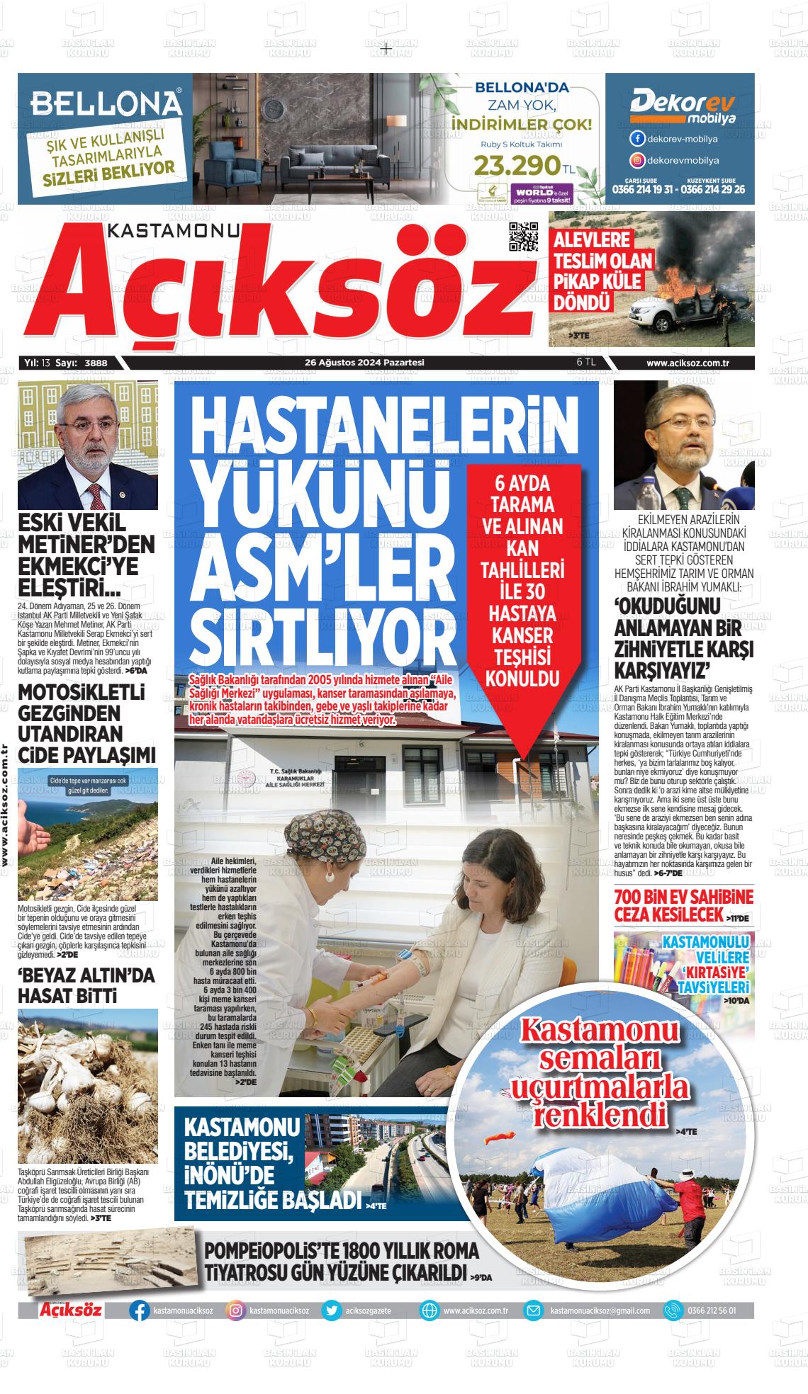 26 Ağustos 2024 KASTAMONU AÇIKSÖZ GAZETESİ Gazete Manşeti