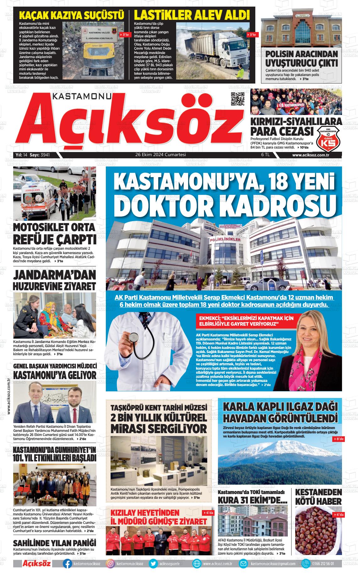 26 Ekim 2024 KASTAMONU AÇIKSÖZ GAZETESİ Gazete Manşeti