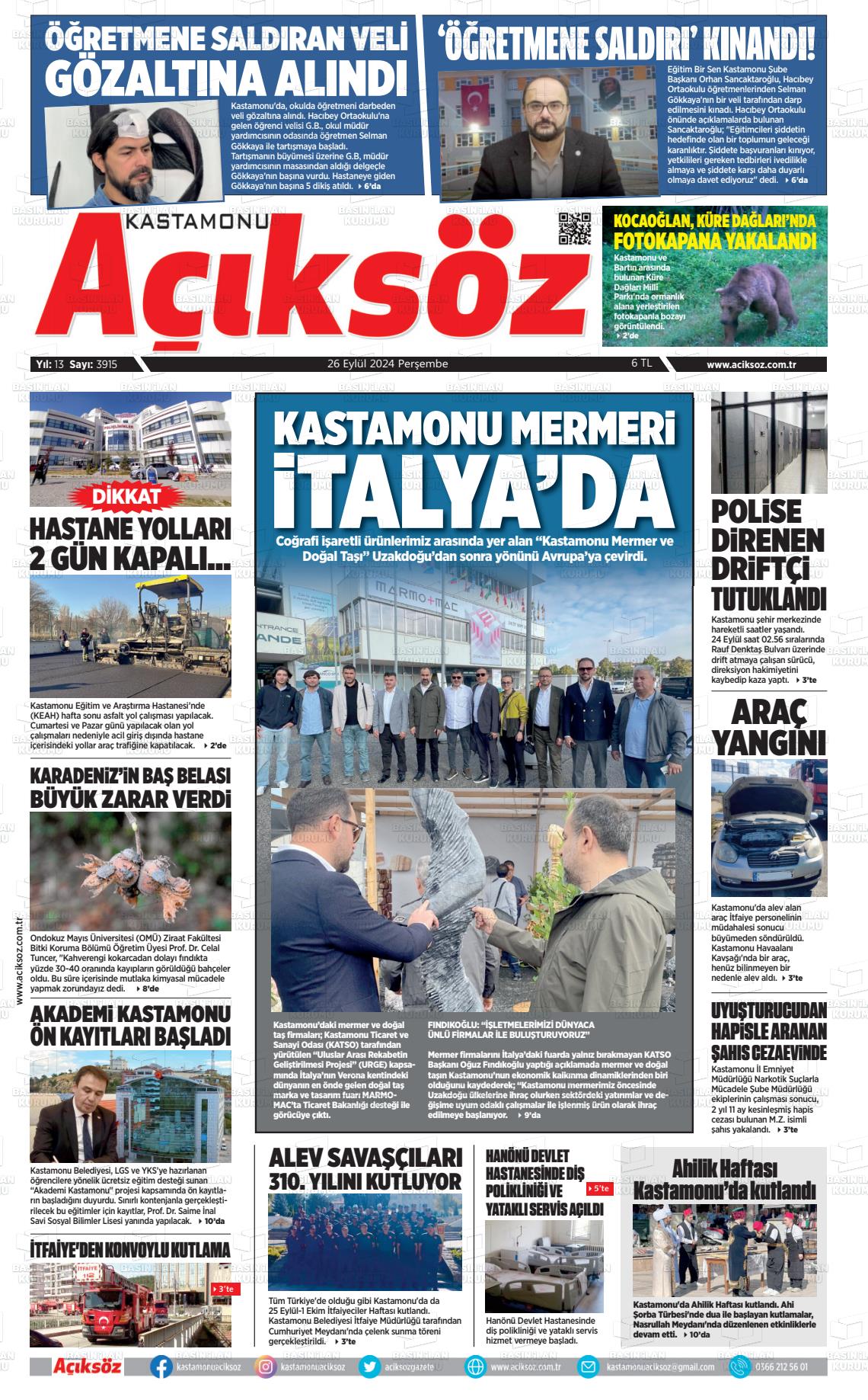 26 Eylül 2024 KASTAMONU AÇIKSÖZ GAZETESİ Gazete Manşeti