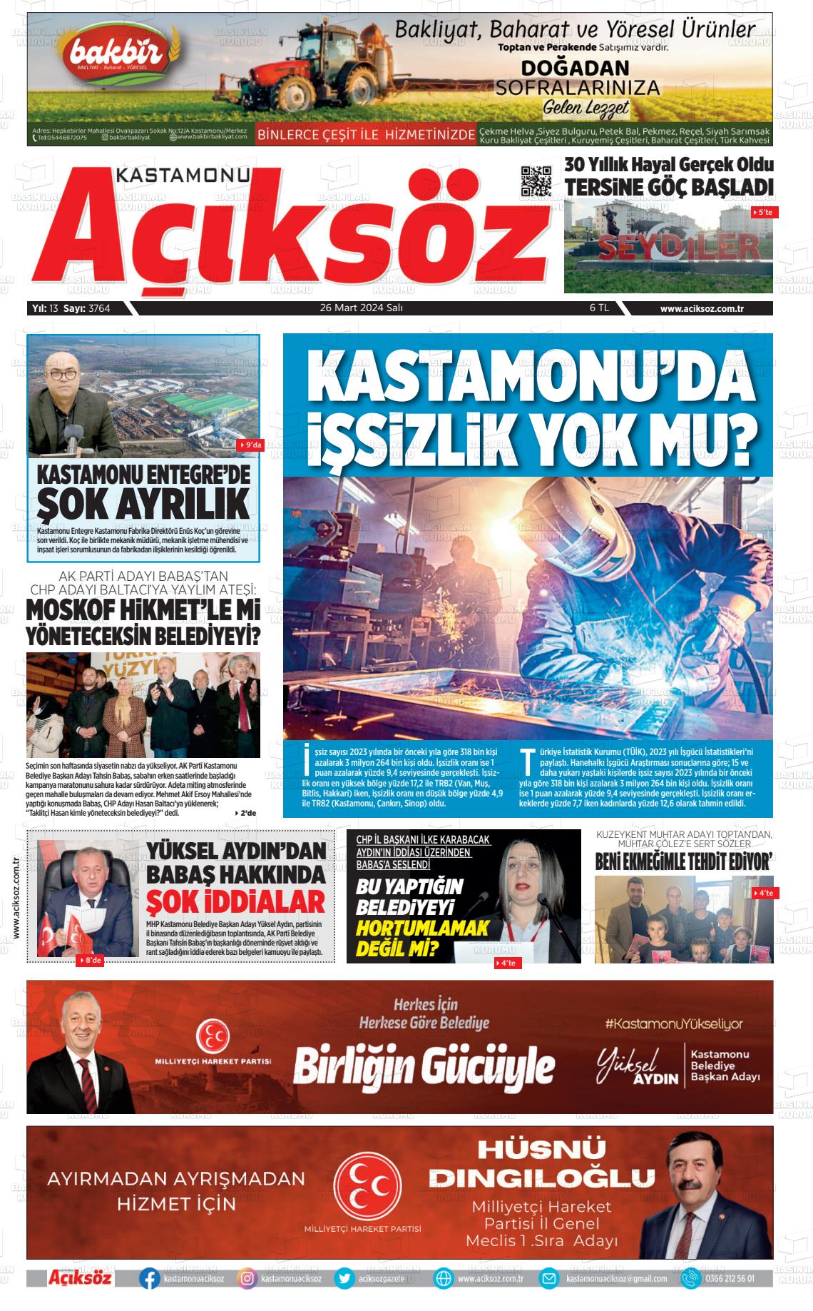 26 Mart 2024 KASTAMONU AÇIKSÖZ GAZETESİ Gazete Manşeti