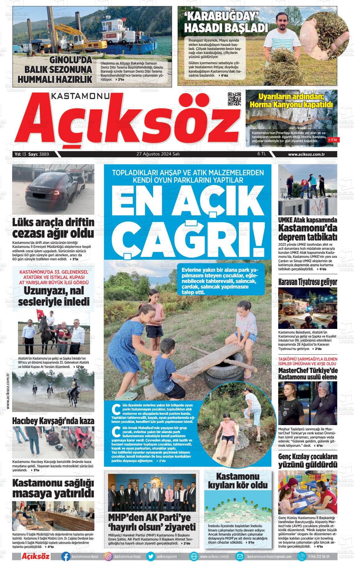 27 Ağustos 2024 KASTAMONU AÇIKSÖZ GAZETESİ Gazete Manşeti