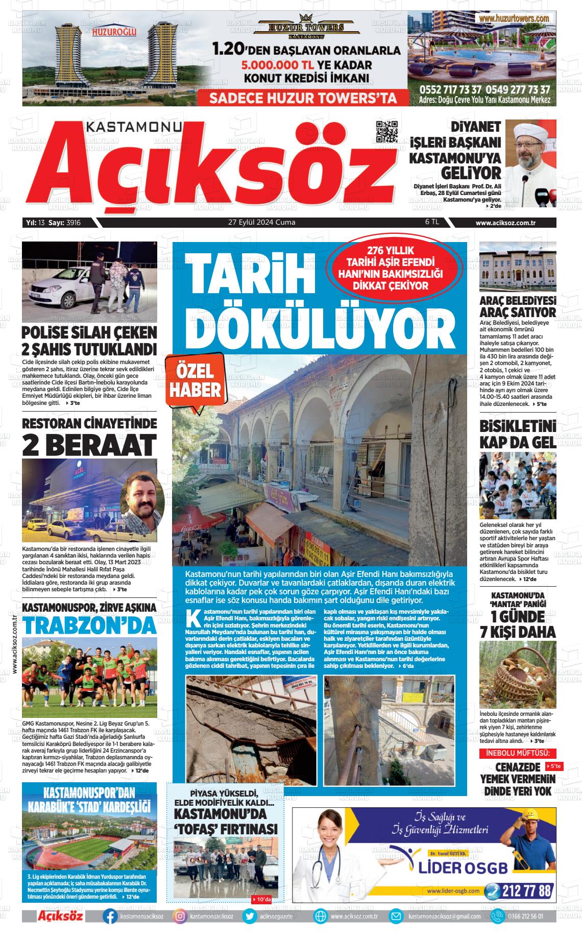 27 Eylül 2024 KASTAMONU AÇIKSÖZ GAZETESİ Gazete Manşeti