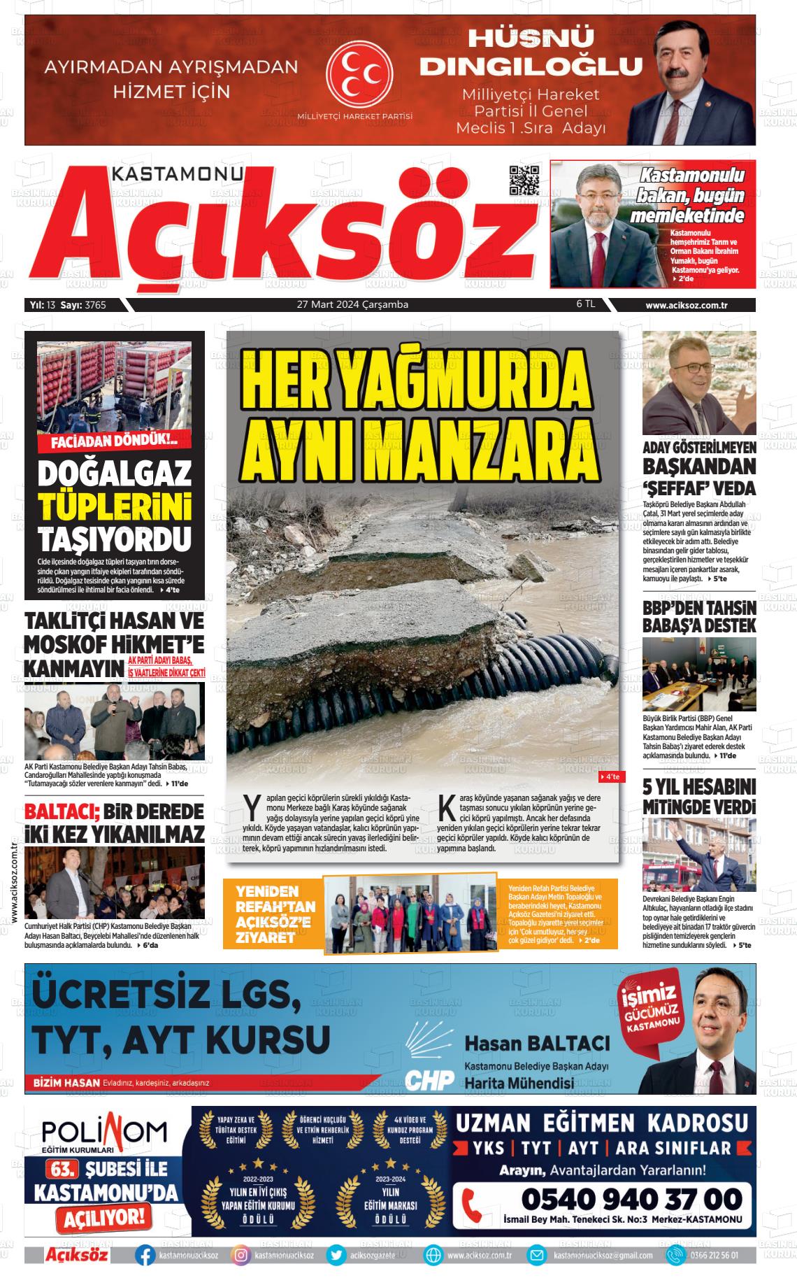 27 Mart 2024 KASTAMONU AÇIKSÖZ GAZETESİ Gazete Manşeti