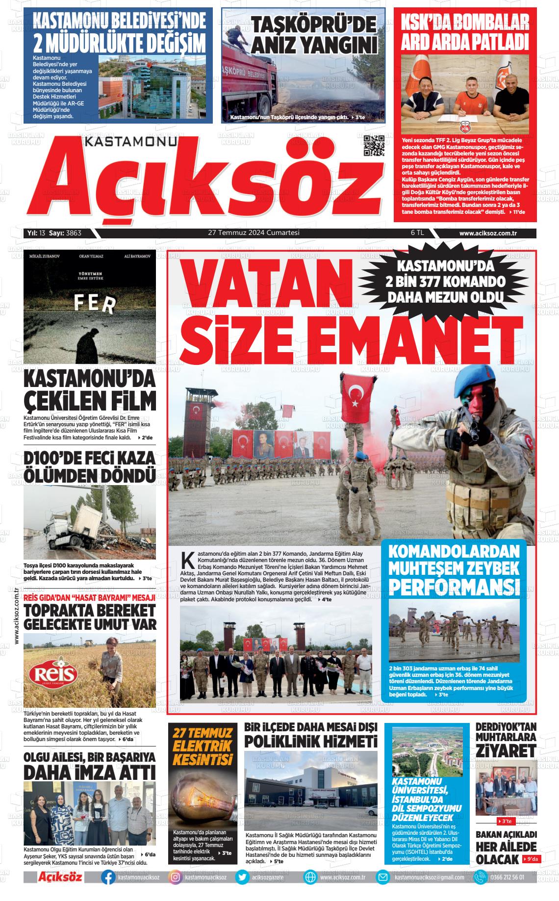 27 Temmuz 2024 KASTAMONU AÇIKSÖZ GAZETESİ Gazete Manşeti