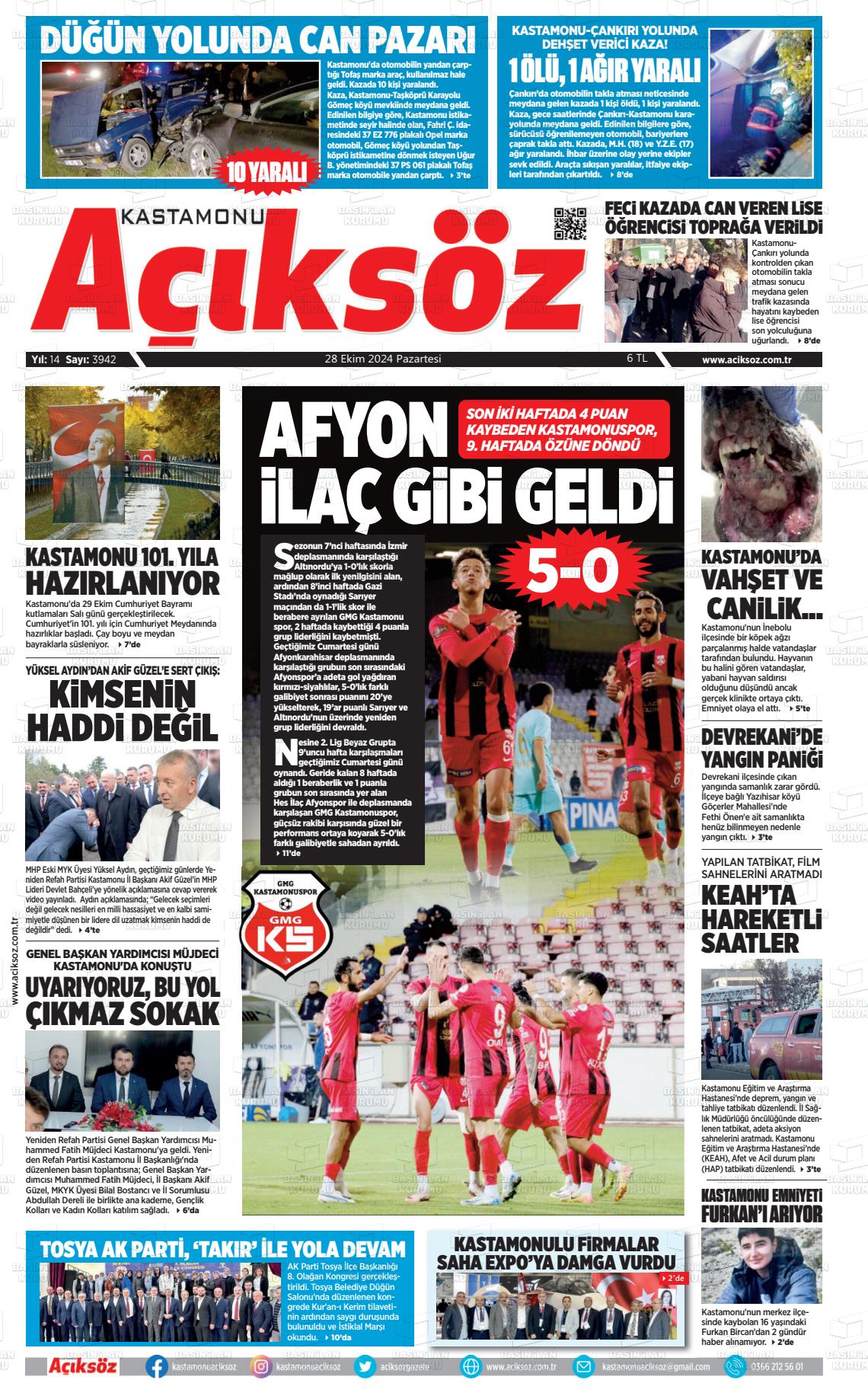 28 Ekim 2024 KASTAMONU AÇIKSÖZ GAZETESİ Gazete Manşeti