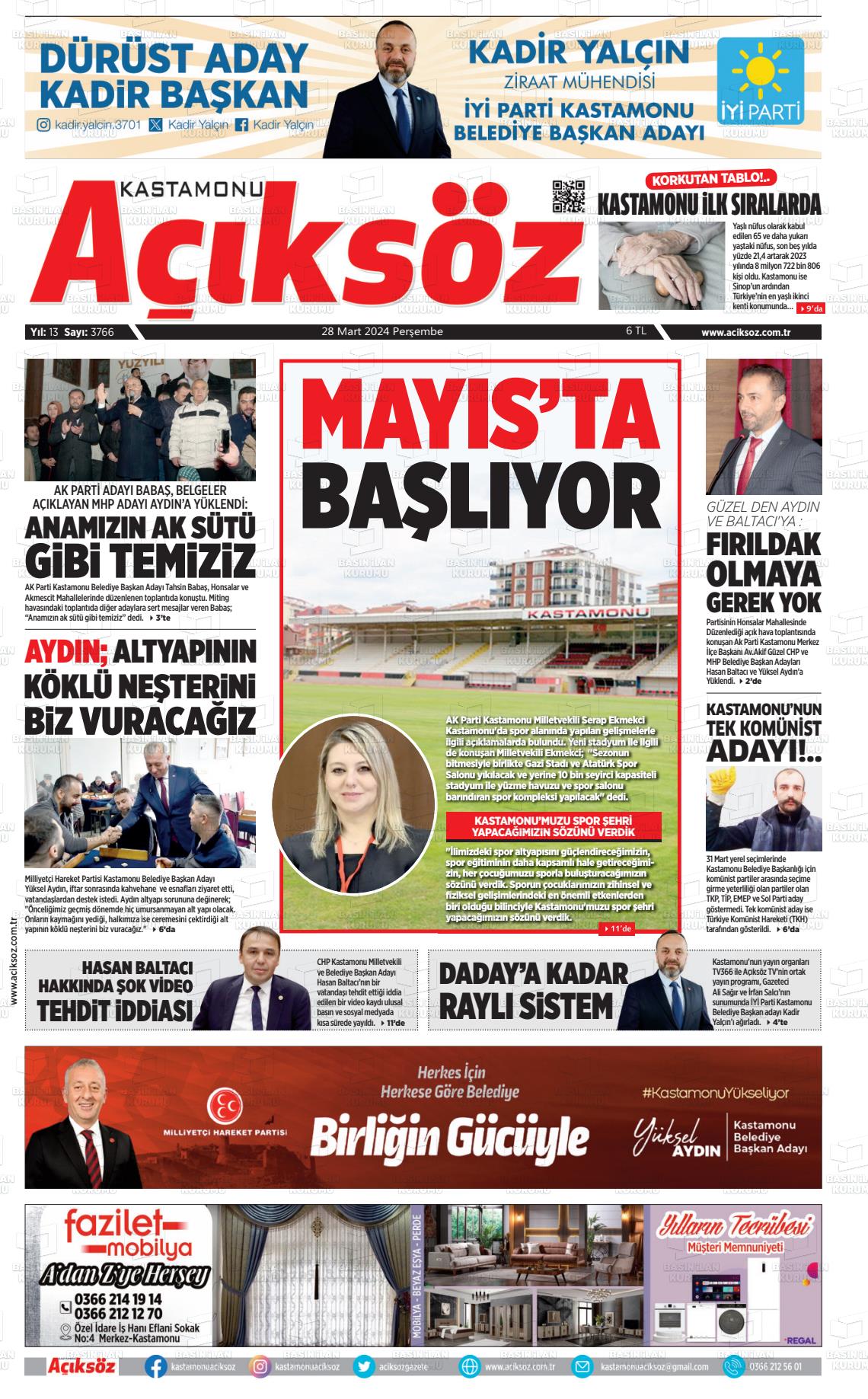 28 Mart 2024 KASTAMONU AÇIKSÖZ GAZETESİ Gazete Manşeti