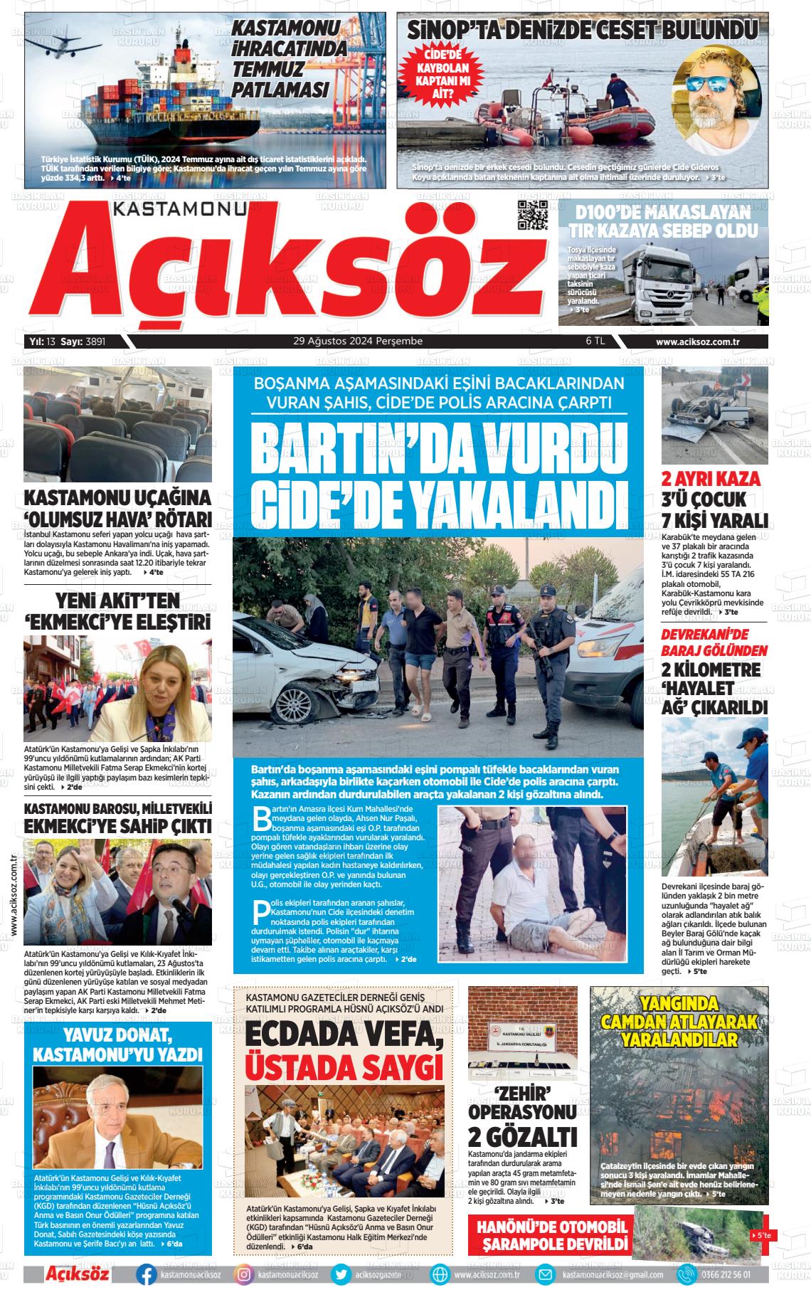 29 Ağustos 2024 KASTAMONU AÇIKSÖZ GAZETESİ Gazete Manşeti