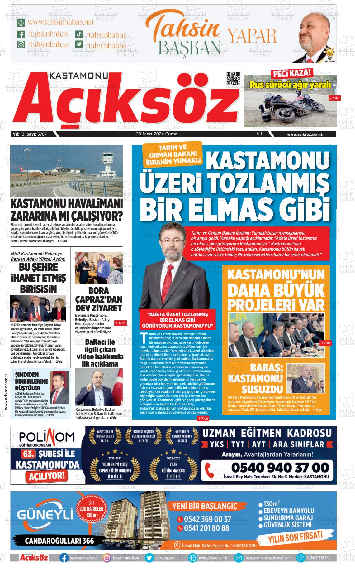 29 Mart 2024 KASTAMONU AÇIKSÖZ GAZETESİ Gazete Manşeti