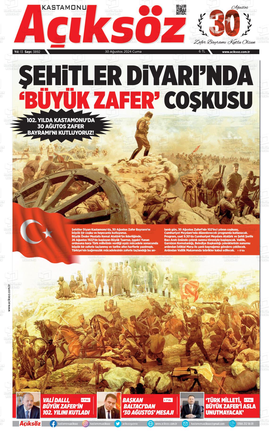 30 Ağustos 2024 KASTAMONU AÇIKSÖZ GAZETESİ Gazete Manşeti