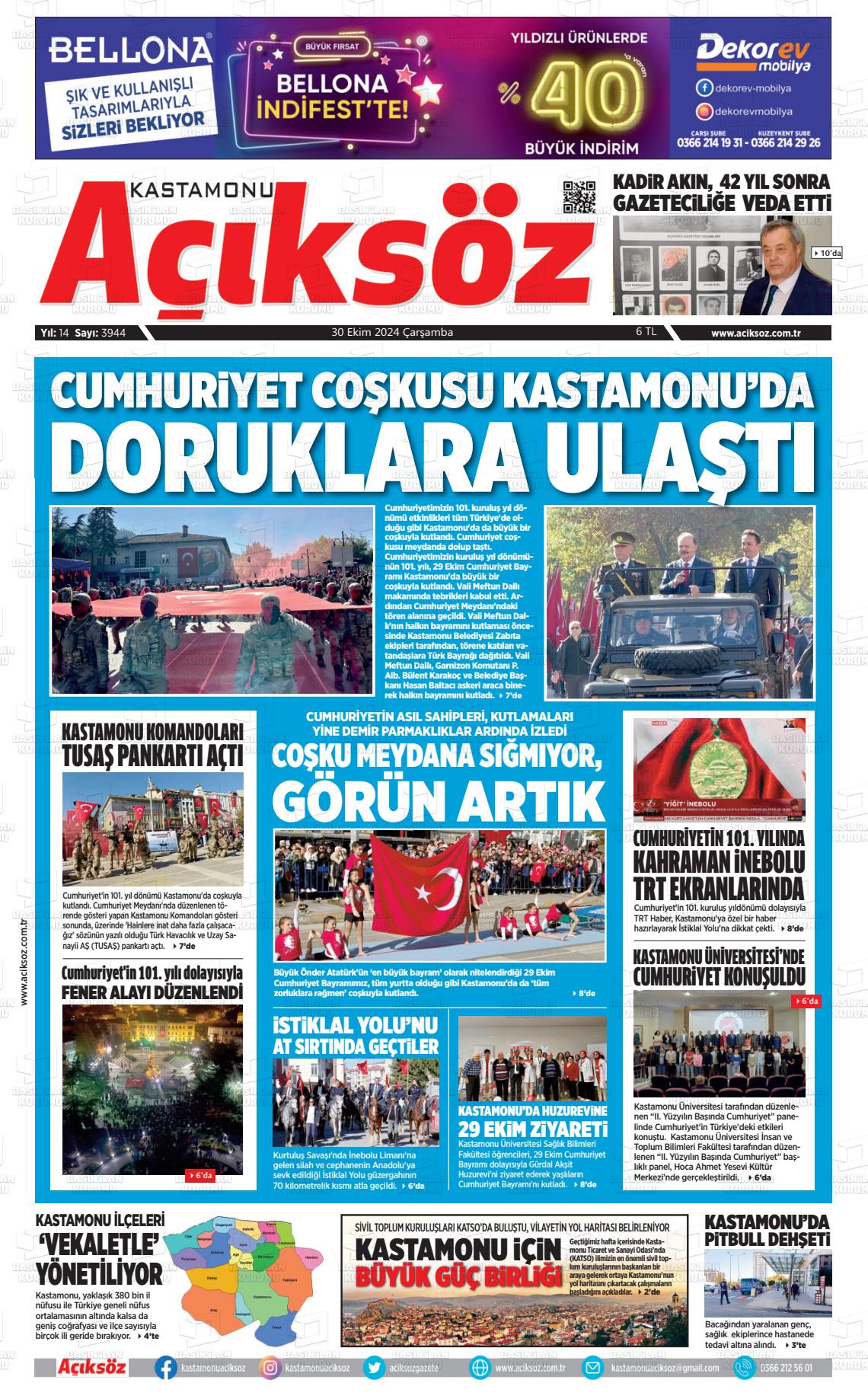 30 Ekim 2024 KASTAMONU AÇIKSÖZ GAZETESİ Gazete Manşeti